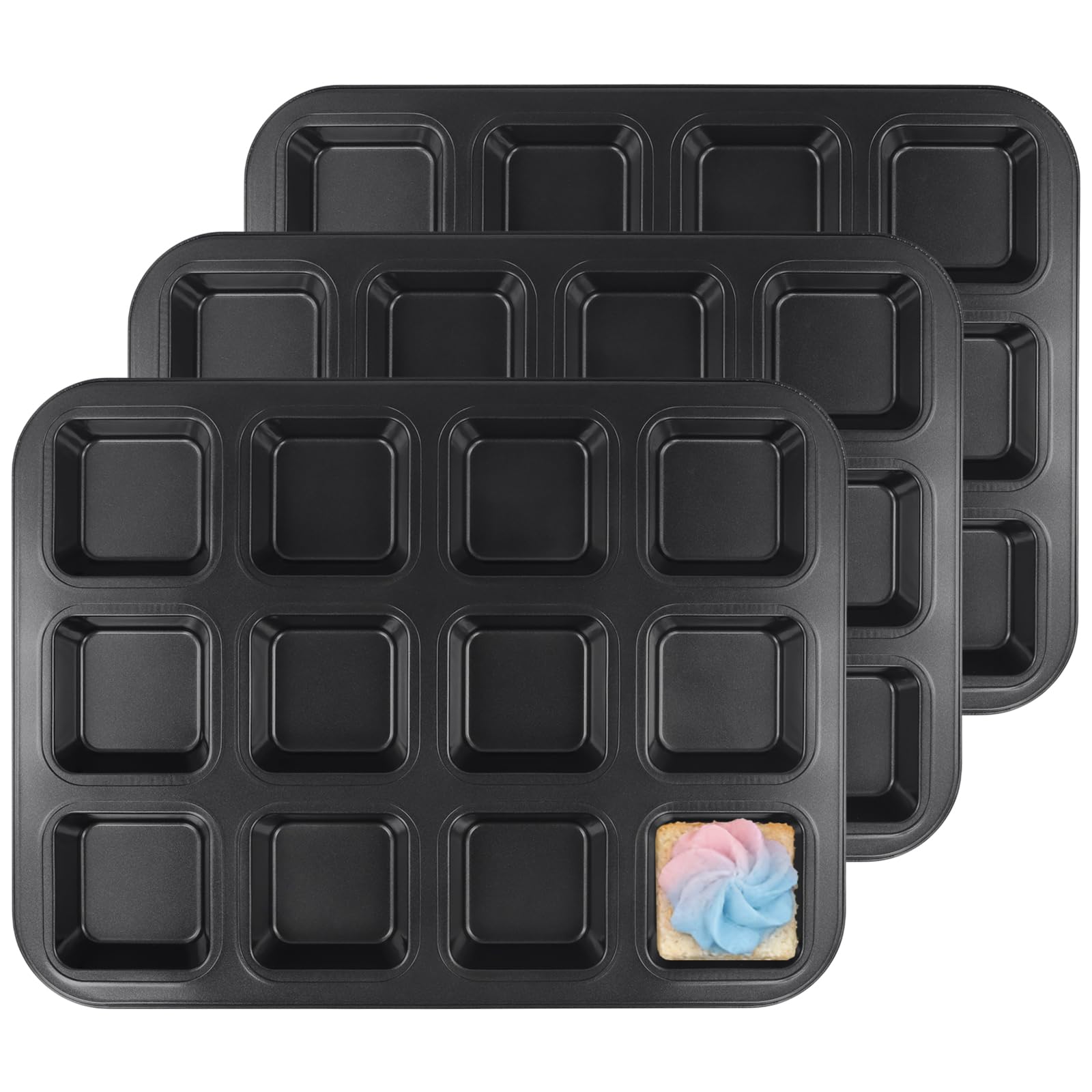 Confezione da 3 mini teglie per brownie con 12 cavità, antiaderenti, quadrate, in acciaio al carbonio, mini teglia per pane, biscotti, cioccolato, cheesecake, brownie, 35,5 x 26,5 x 3 cm