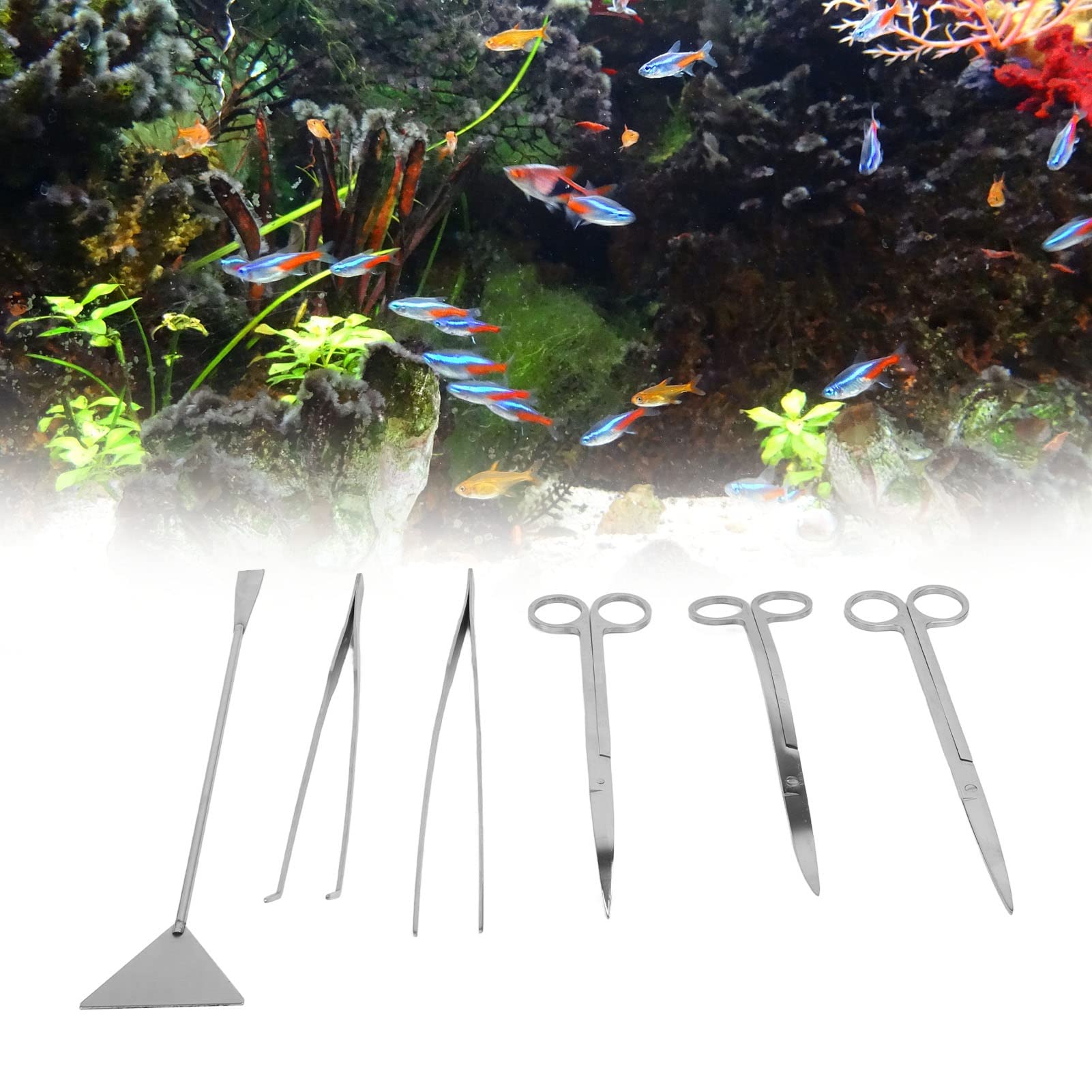 Acquario Aquascape Tools Kit, 6 in 1 Antiruggine per Piante Acquatiche Strumento per Aquascaping Pinzette in Acciaio Inox Forbici Spatola per Acquario Tank Clean Fish Tank Aquascape Tools Set
