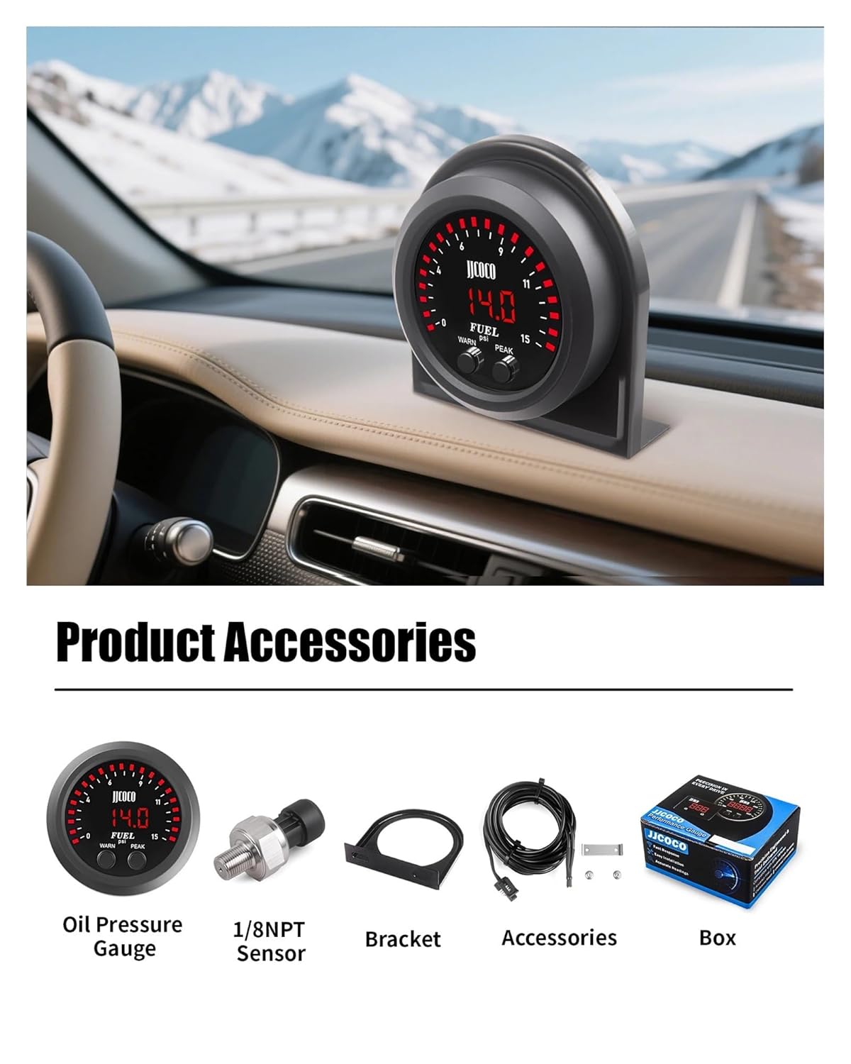 Universal Ultra-Thin Electronic Fuel Pressure Gauge with 1/8 Npt Sensor Oil Pressure Meter Red Display Digital 0-15Psi