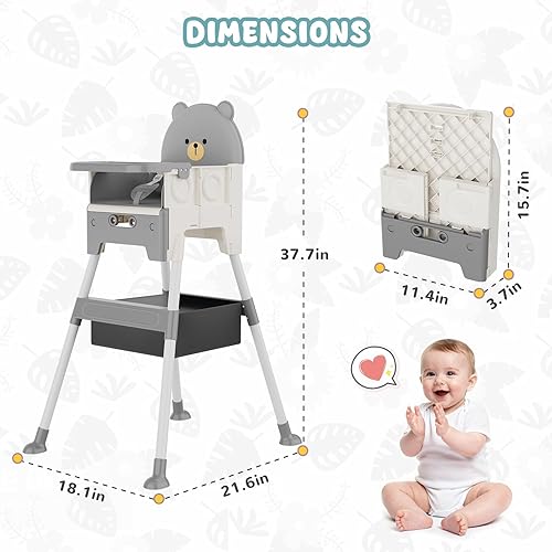 Miniatura 4 de Baby High Chair 3 in 1 High Chairs for Babies and Toddlers Bear Toddler Chair Adjustable Height Highchair with Bib and Storage Bag for Baby