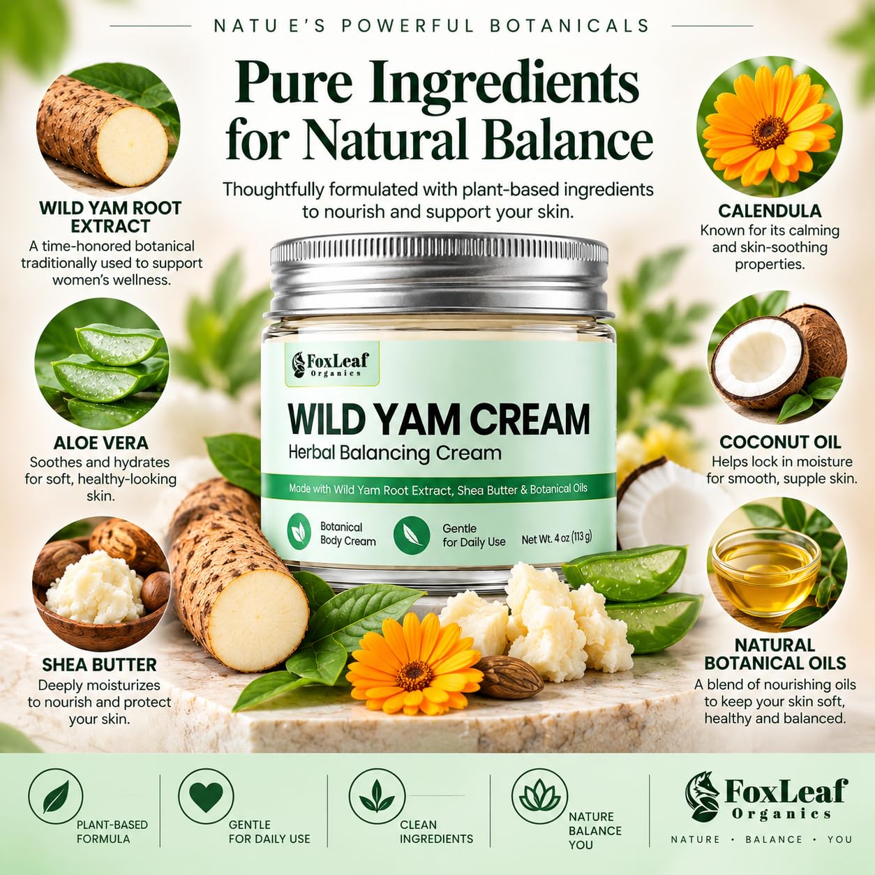 Wild Yam Cream For Women, (4oz) - Botanical Balancing Body Cream with Wild Yam Root Extract, Shea Butter & Aloe Vera, All Natural Plant Based Formula, Made in USA image 5