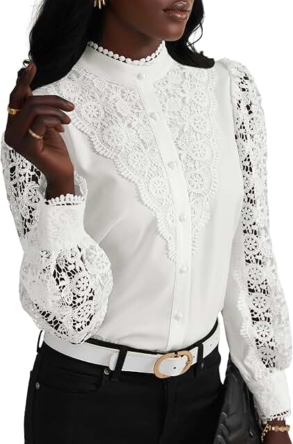 Rooscier Women's Lace Crochet Mock Neck Long Sleeve Button Elegant Blous...