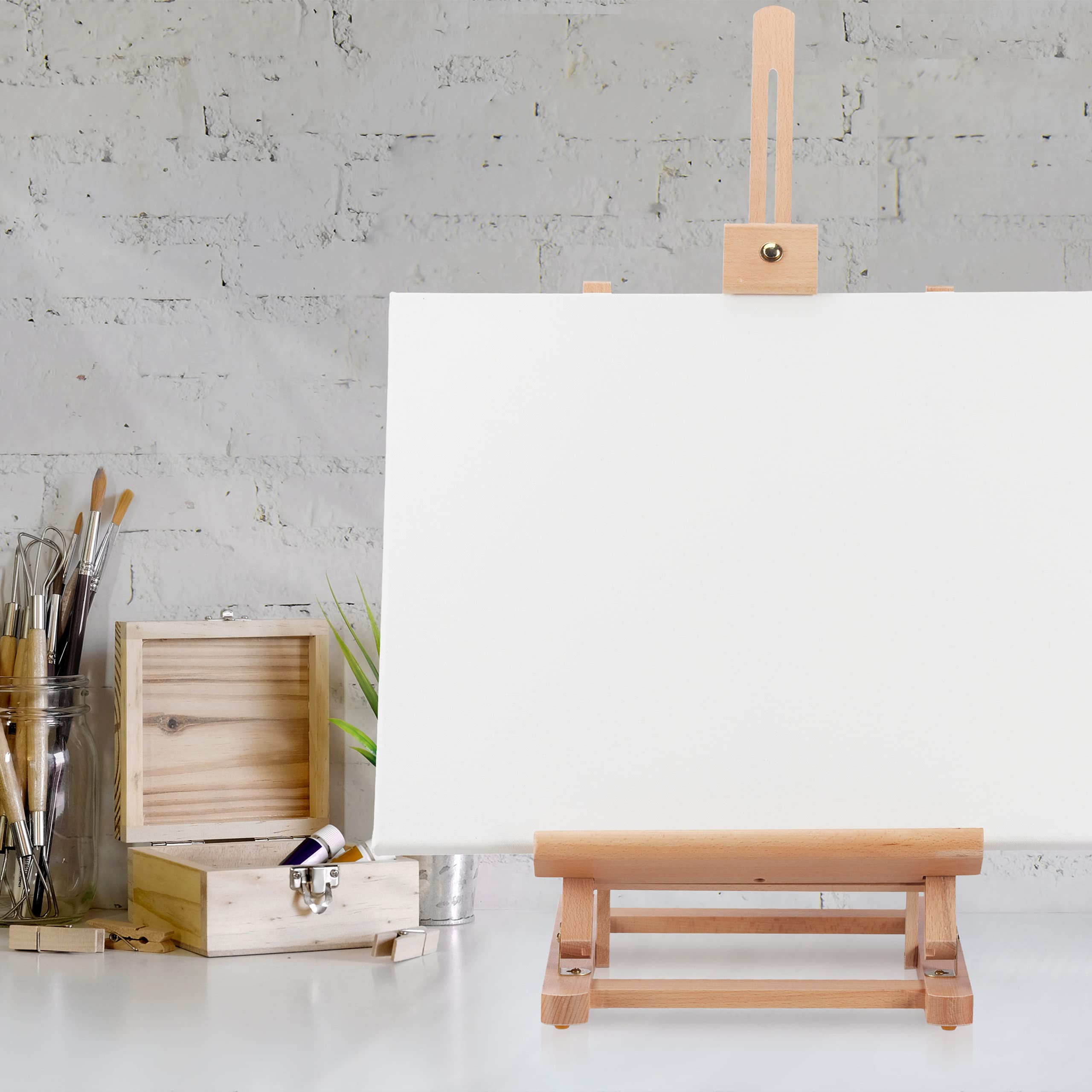 Relaxdays Cavalletto Pittura da Tavolo, Espositore Regolabile per Formati A3, Mini Segnatavolo, Legno di Faggio, Marrone