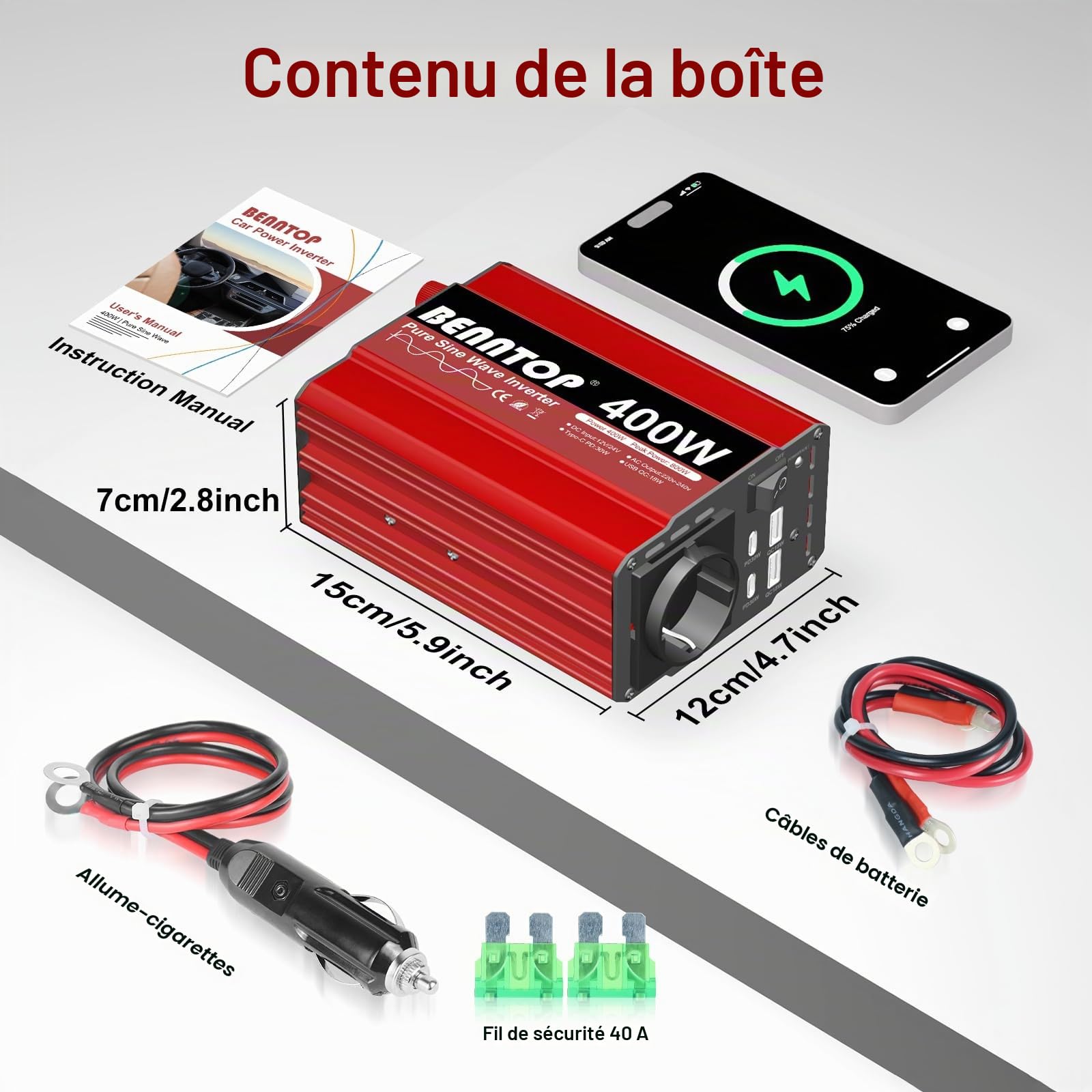 400W Convertisseur 12V/24V 230V Pur Sinus Camion Onduleur de Tension 5 in 1 Transformateur avec 4 USB Port Type - A/C, Allume-Cigare & 1 Prise EU pour Caravane, Bateau, Camping, Voyage