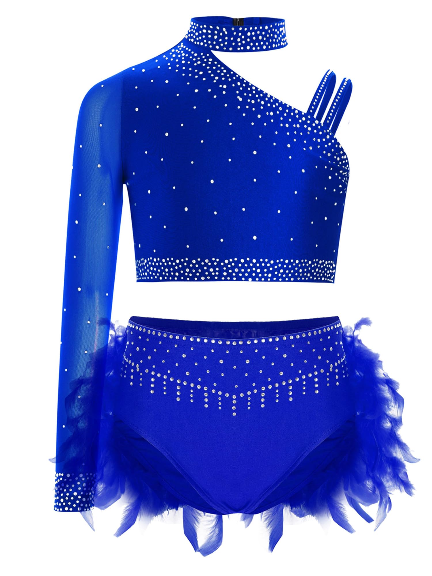 Sxiwei Enfant Fille Robe Danse Moderne Jazz Haut Une Epaule Strass avec Jupe Short Tenue Danse Latine Samba Salsa Costume Patinage Gymnastique