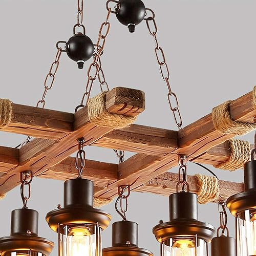 Miniatura 3 de Lámpara colgante de granja, lámpara colgante de madera para isla, accesorio retro industrial para cocina, comedor, bar, restaurante (8 luces)
