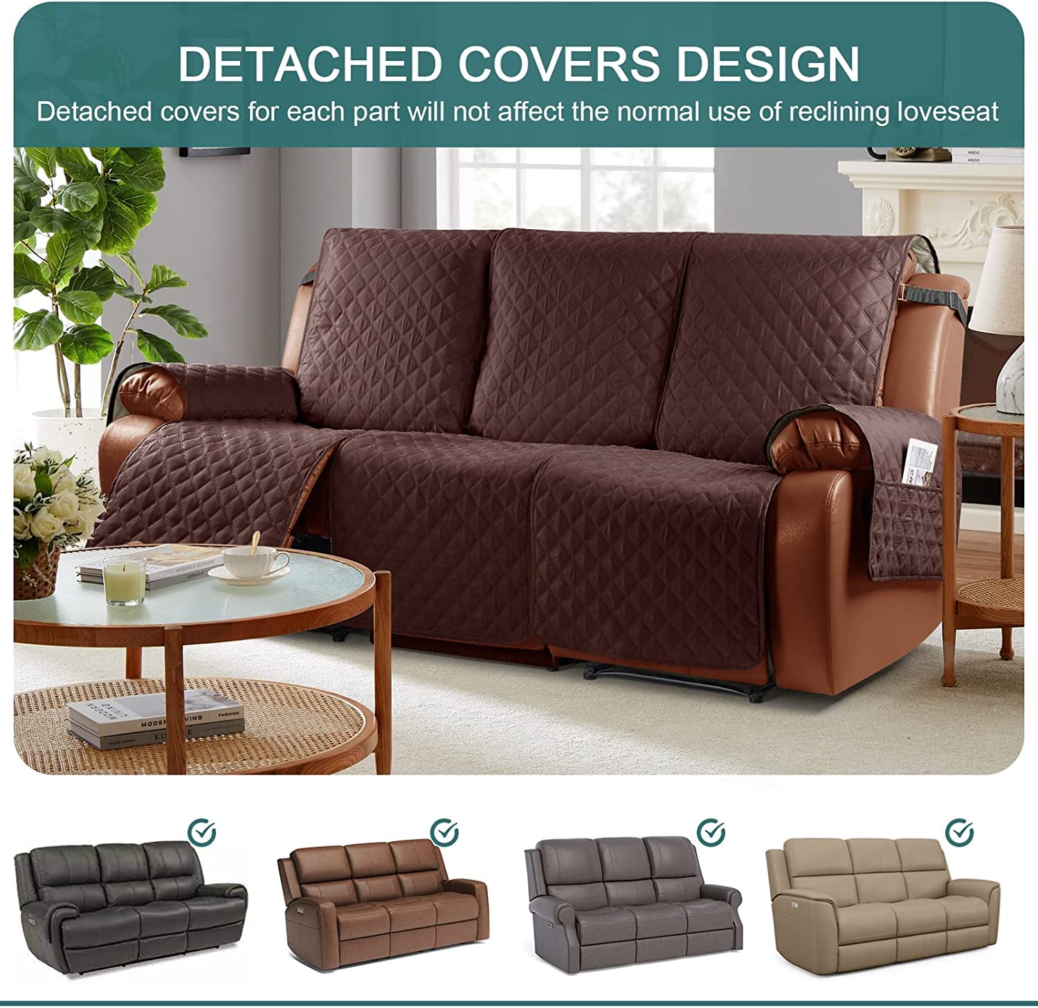 Funda de Sofá Reclinable Funda de Sillón Relax con correa elástica Fundas de Butacas Relax Antideslizantes Fundas de Muebles lavable para el hogar con mascotas y niños (Café,3 Plazas/Sofá)