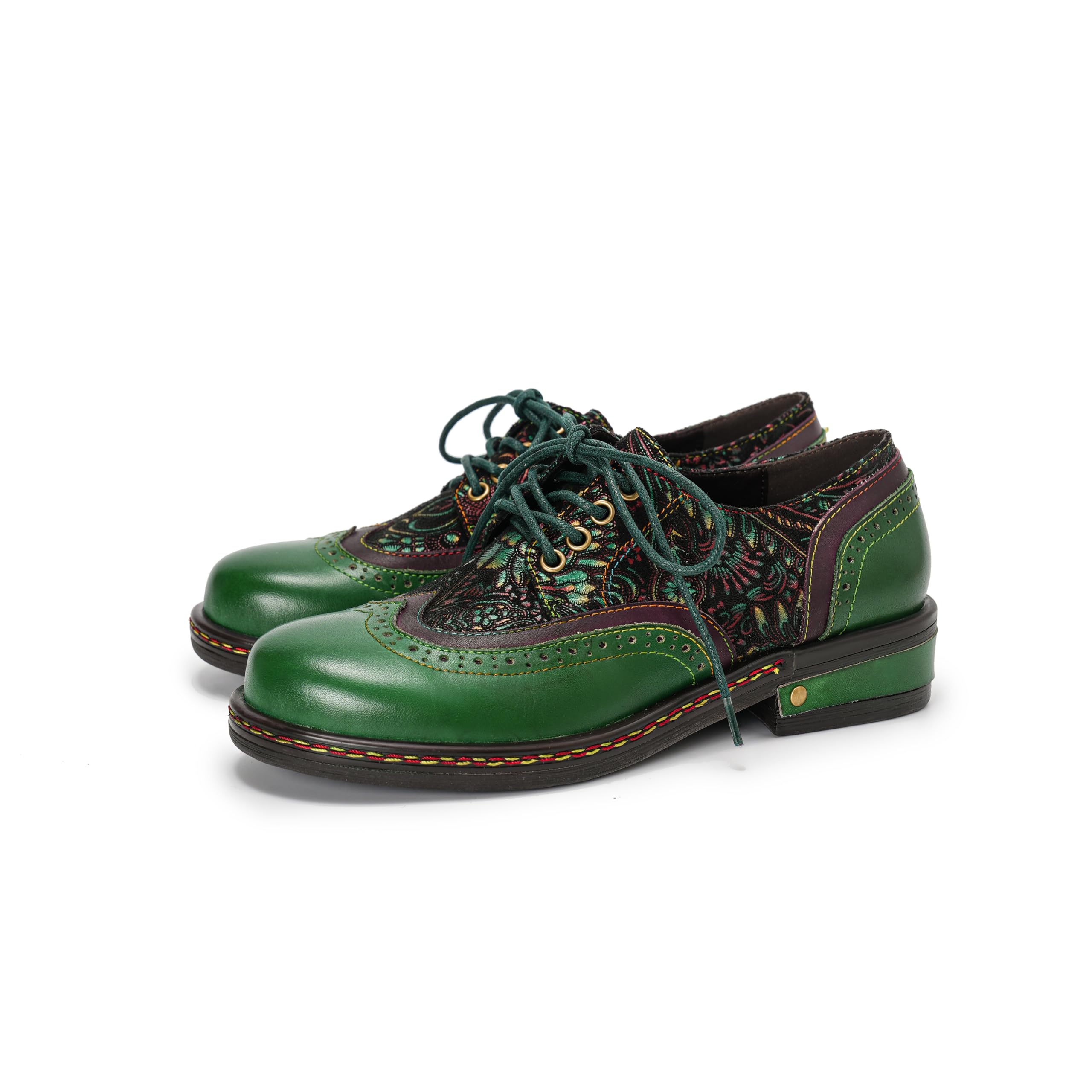 CrazycatZ Women's Leather Oxford Shoes Perforated Lace up Wingtip Colorful Leather Oxfords Vintage