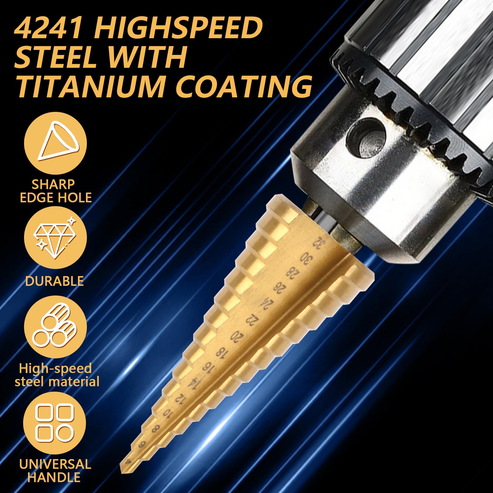 MXTIMWAN Fresa Conica Trapano a Gradini,6 Pezzi,Punte Coniche HSS Trapano in Titanio,Punte a Gradino con Gambo Esagonale,Punte a Gradini 4-32mm、4-20mm、4-12mm per Legno, Metallo, Plastica, Alluminio