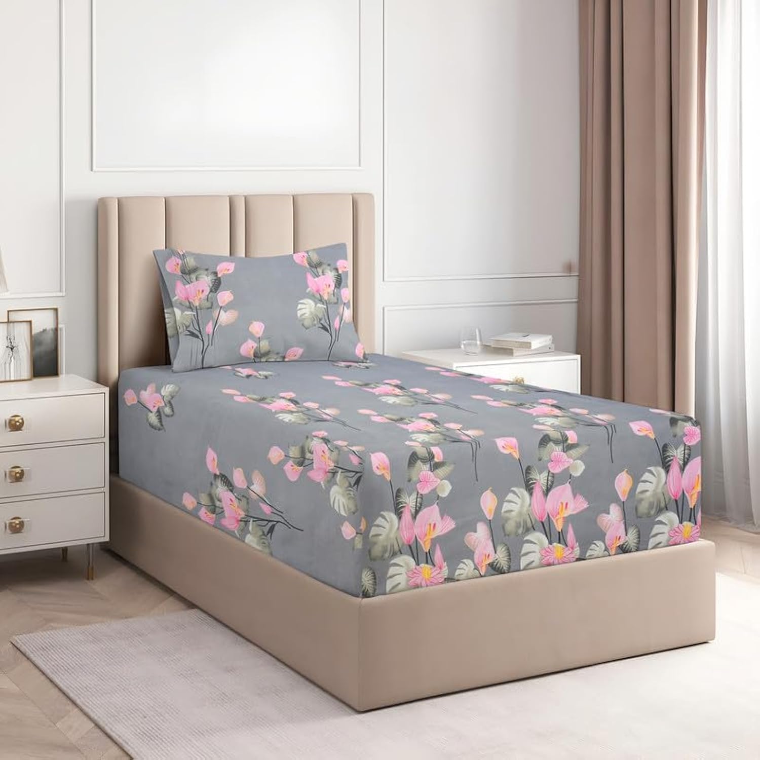 BSB HOME Glace Cotton 220Tc Flat Single Bedsheets for Summer Breathable | Wrinklefree (Size-152 X 228 Cm) with 1 Pillow Covers (Size-17 X 27 Inches, Floral Print Grey & Pink), 220 Tc