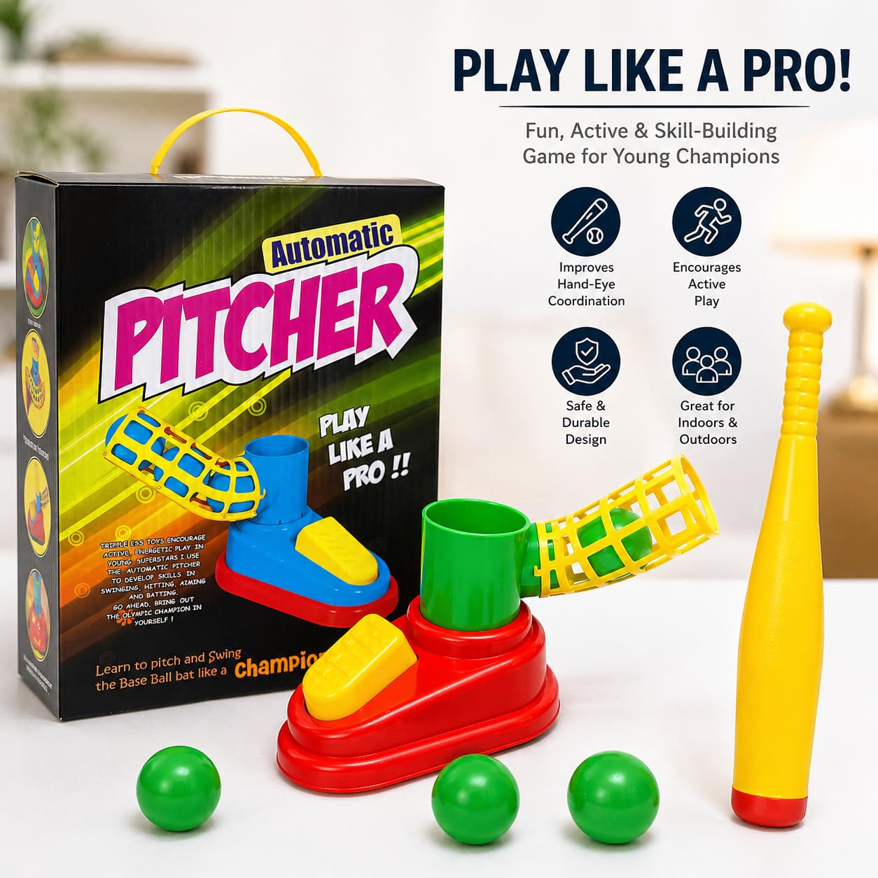 Goyal's Automatic Pitcher BaseBall Game - Bat & Balls! -3