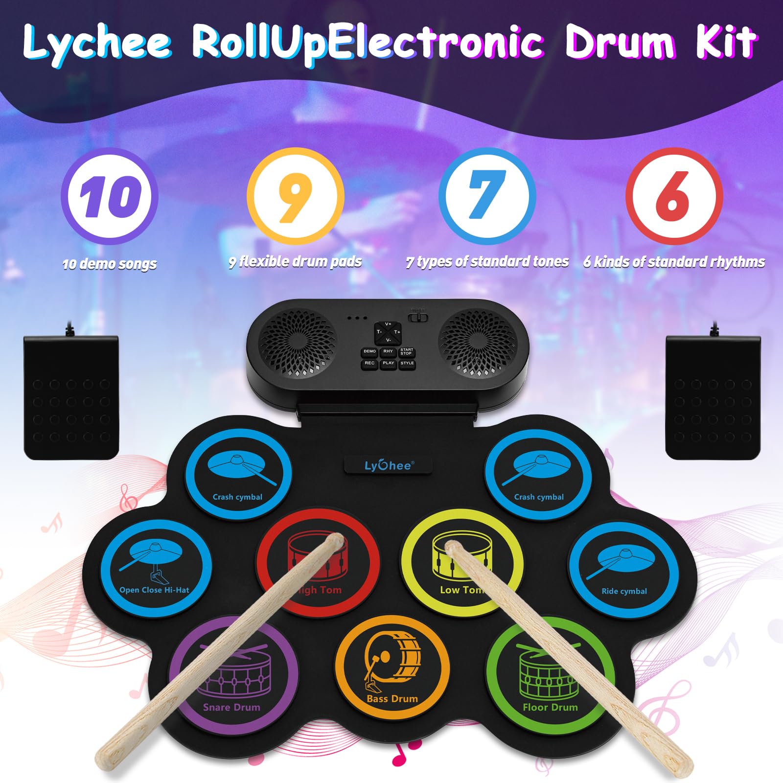 Lychee Electronic Drum Set mit Kopfhöreranschluss, 9 Stereo Roll-up Drum Practice Pad, Built-in Speaker Drum Pedals Sticks Support External Connection, Great Holiday Xmas Birthday Gift