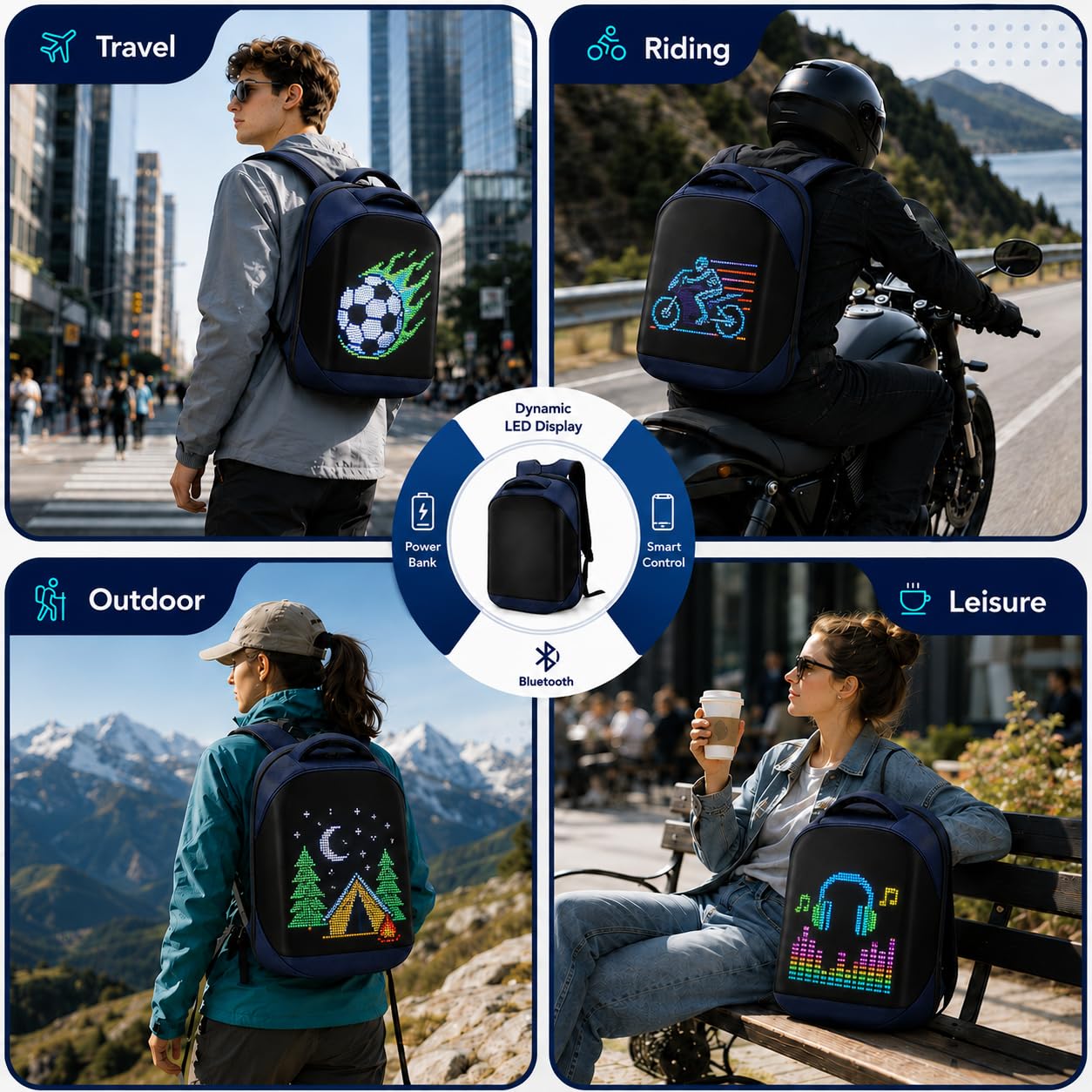 Sac à dos avec écran programmable, Sac à dos pour ordinateur portable avec contrôle APP, Étanche, Voyage, Sac pour moto,bleu(Pas de banque d'alimentation incluse)