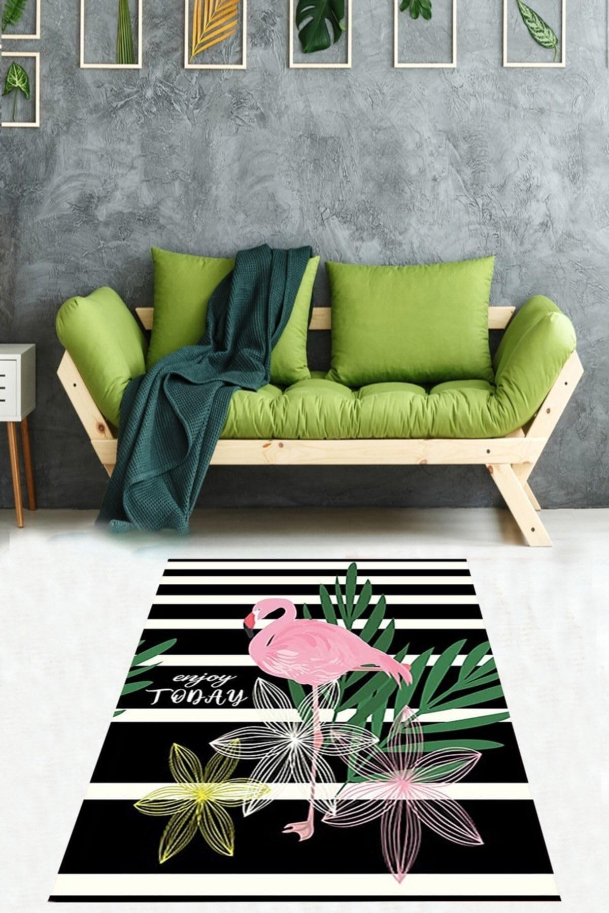 Pelangi Tropikal Yaprak Desen Flamingolu Çiçekli Dijital Baskılı Kaymaz Taban Yıkanabilir Modern Salon Halı, Pembe-Siyah 160 x 250
