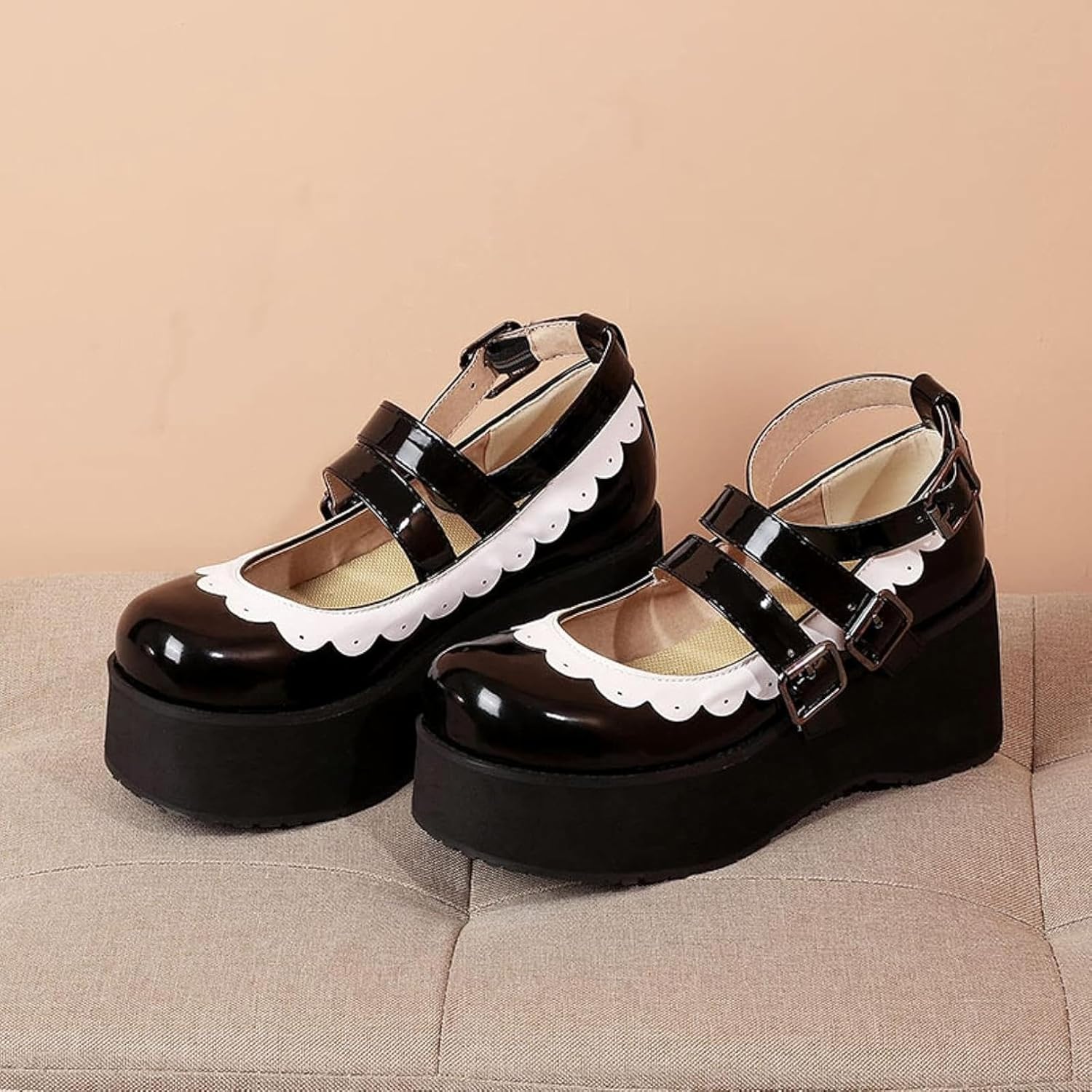 Women's Shock-Absorbing Platform Mary Janes High-Heeled Formal Shoes with Synthetic Leather Ankle Strap