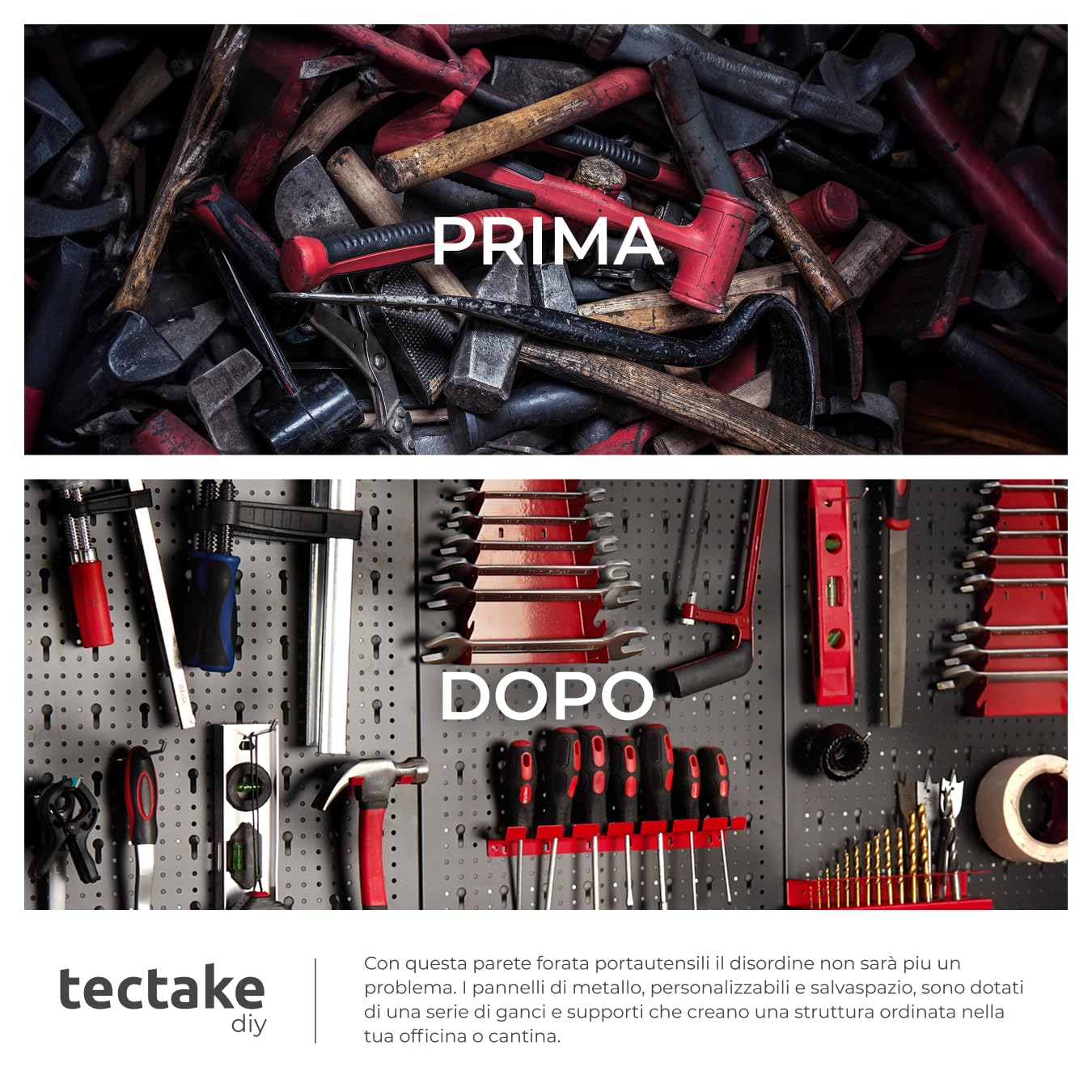 TecTake® Pannello Forato Portautensili, Pannello Portaoggetti con 6 Pannelli, 53 Ganci e Sostegni, Espandibile, Adattabile, Ideale per Garage e Officina, Pannello Porta attrezzi da Parete