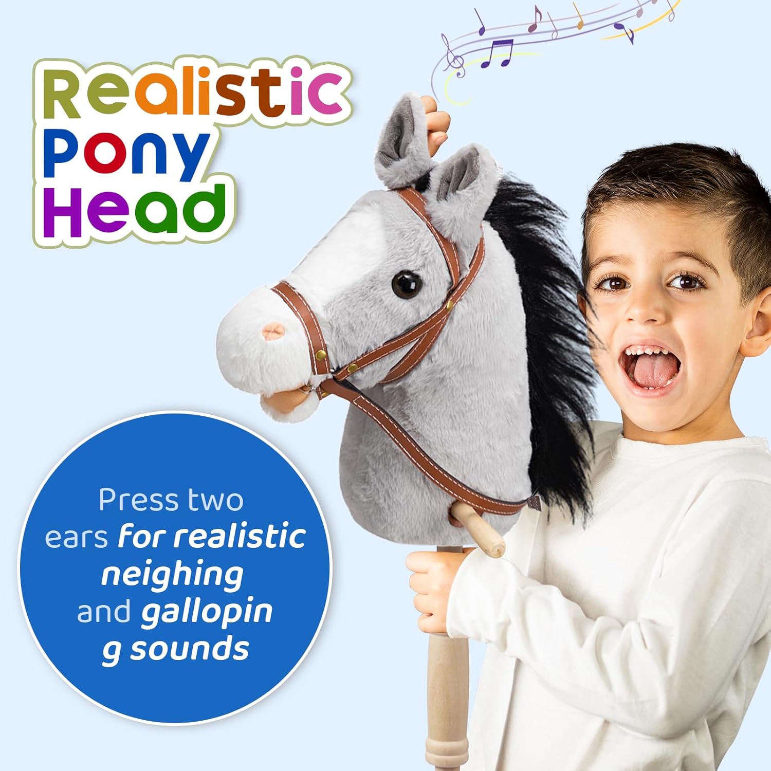HollyHOME Stick Horse Plush Handcrafted Hobby Horse on a Stick with Wood Wheels Real Pony Neighing and Galloping Sounds for Kids Toddlers Grey 36 Inches(AA Batteries Required)