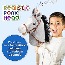 HollyHOME Stick Horse Plush Handcrafted Hobby Horse on a Stick with Wood Wheels Real Pony Neighing and Galloping Sounds for Kids Toddlers Grey 36 Inches(AA Batteries Required)