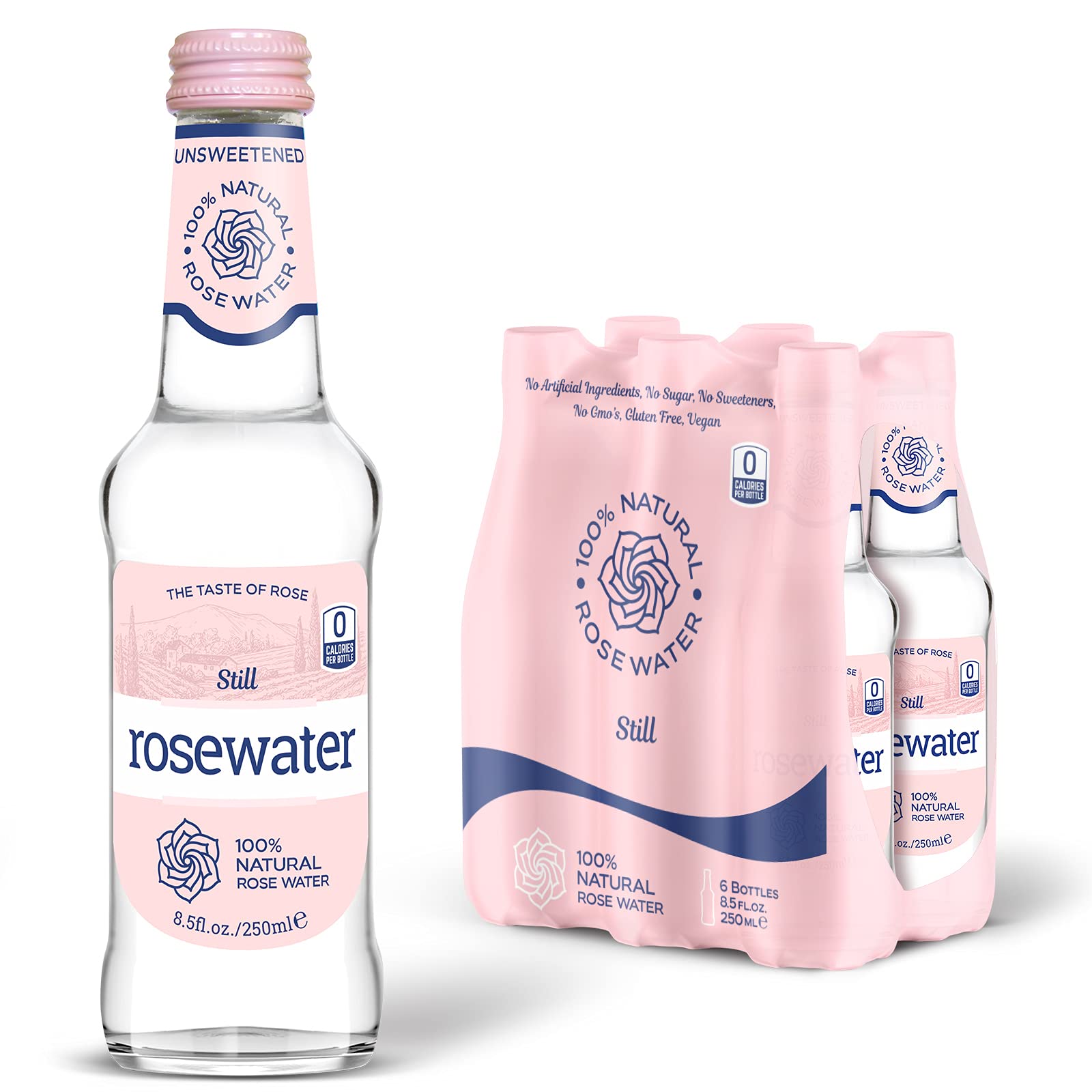 Bubbly Rosewater Still - 8.5 Fl Oz, Pack of 6 Glass Bottles, Sugar-Free, Unsweetened, Zero Calorie, 100% Natural