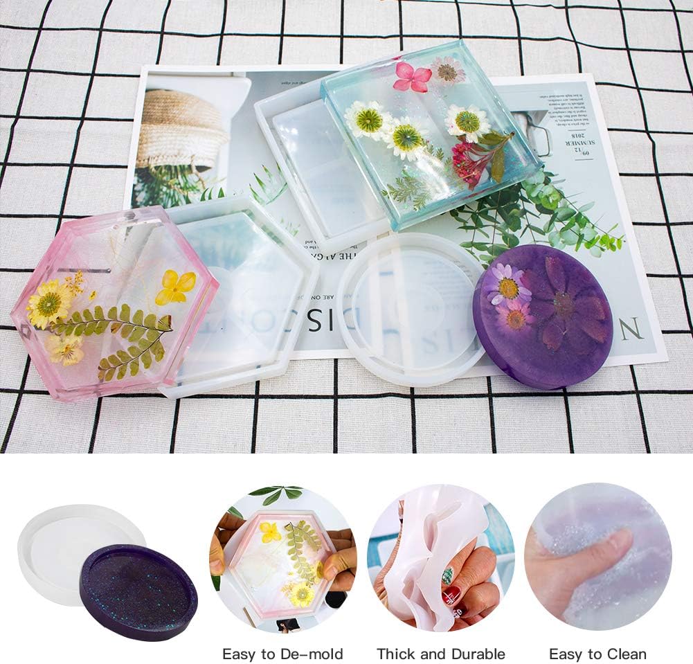 EVNEED 5 Pcs DIY Coaster Silicone Mold,Include Round,Square,Hexagon Silicone Resin Mold for Casting with Resin, Concrete,Cement Clay