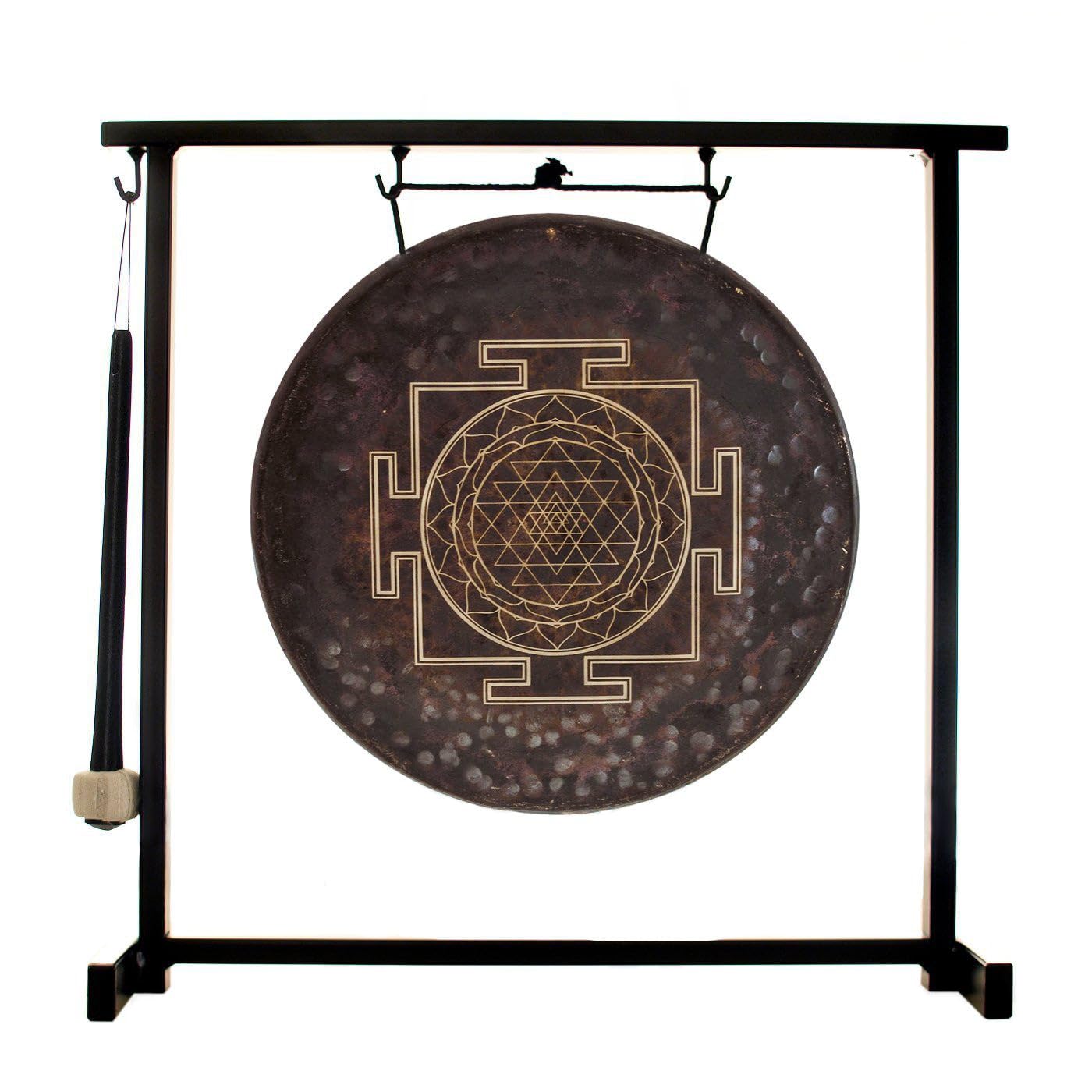 Sri Yantra Gong on Stands - Includes Gong, Mallet, & Stand/Un-Lathed Chinese Gong/Engraved Sacred Geometry for Spiritual Healing/Strong Resonance/Gentle Pulse