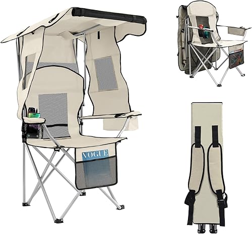 ptlsy Silla de camping plegable con toldo, silla de playa con toldo con portavasos, bolsa enfriadora para campamento, pesca, playa, deportes y