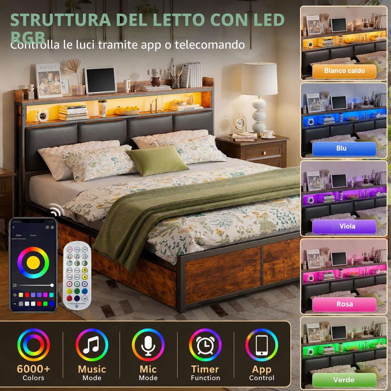 BRILVERDE Letto metallo 180x200 con Contenitore, letto matrimoniale con LED, letto con 4 cassetti, con testiera, struttura letto con rete a doghe, Pu (Nero, 180 x 200 cm)