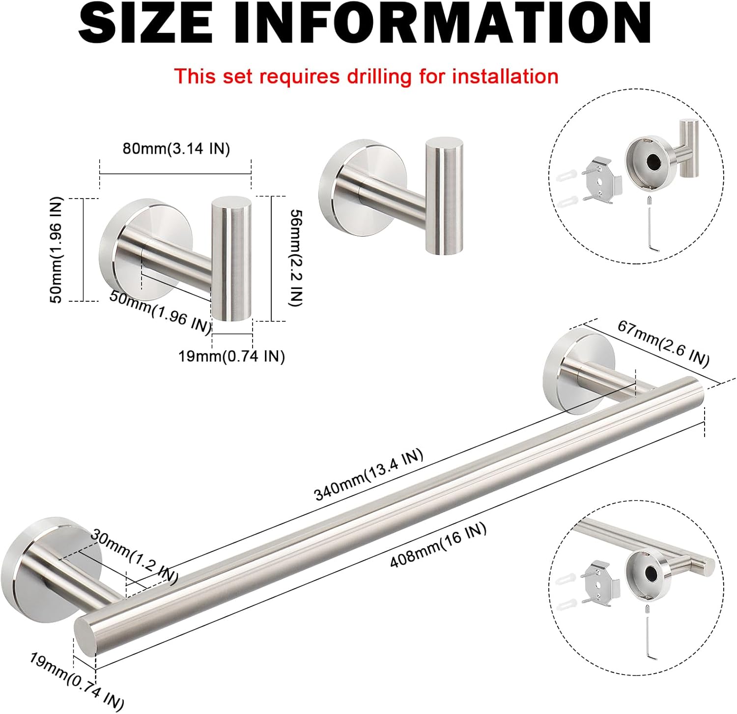 Livabber 3 Pieces Bathroom Accessories Set, 304 Stainless Steel Bath Hardware Kit with 16” Towel Bar   2 Robe Hooks, Wall Mounted Towel Rack for Kitchen, Shower Room (Brushed Nickel)