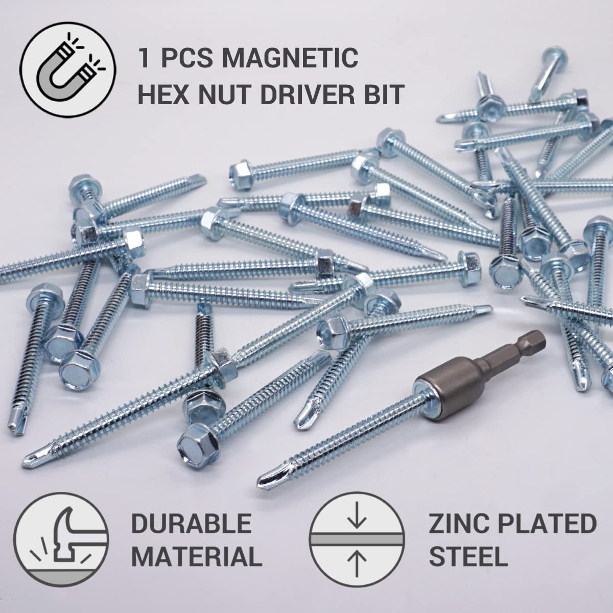 SKIR'CO (50 pcs) DIN 7504 K Zinc Plated Steel 6.3 x 60 mm Screws, Self-Drilling Sheet Metal Screw, Hex Head - Image 3