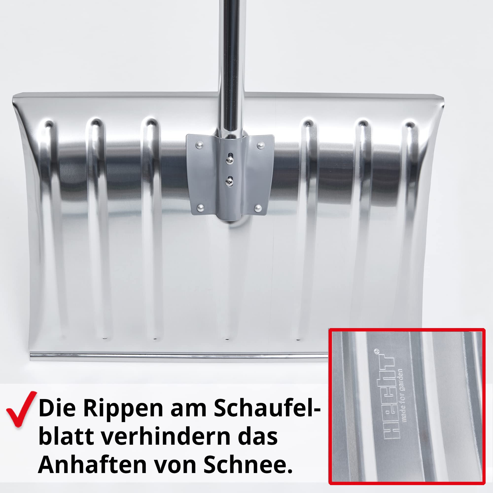 Hecht Profi Schneeschieber - Schneeschaufel mit leichtem Stiel aus Aluminium – 46 cm Metallblatt – Schiebekante – Ideale Schaufel für den Winterdienst – Premium Schneeschieber