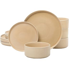 Gibson Elite Tahoe Sunset 12 Piece Stoneware Reactive Glaze (Service for 4) Ceramic Plates and Bowls Dinnerware Set - Cream White