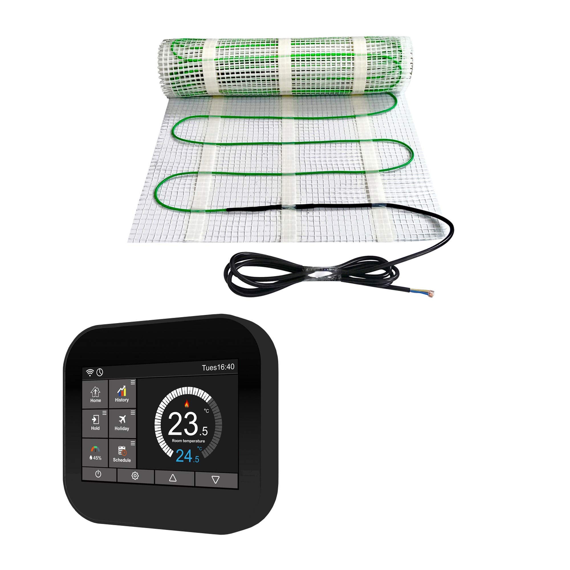 Elektrische Fußbodenheizung 200Watt WiFi Thermostat Elektrisch TWIN Technologie, Größe der Fläche:12 m² (ID5412), Thermostat:schwarz