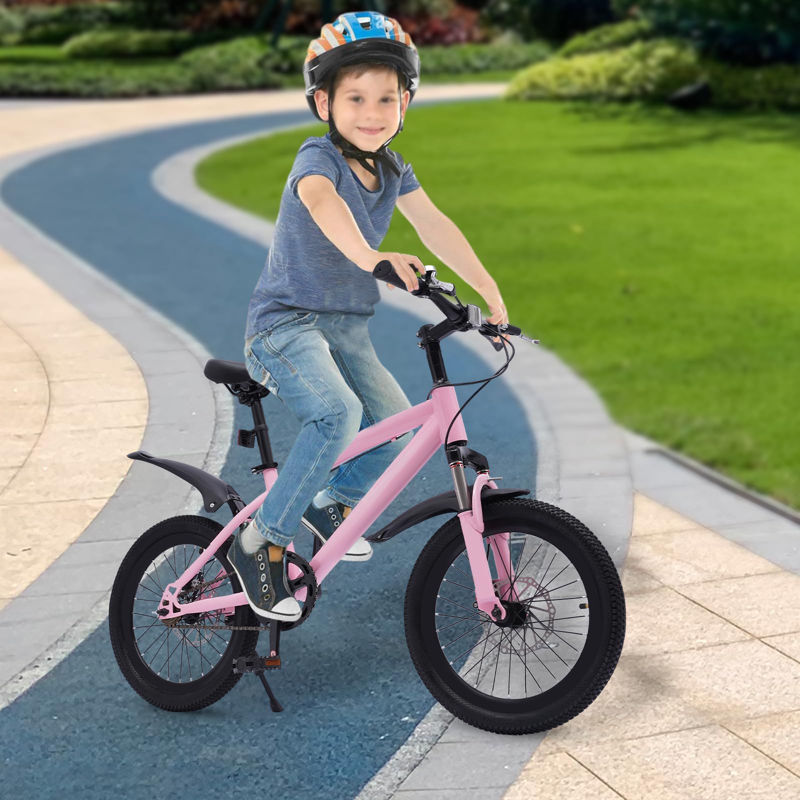 Bicicleta de montaña 18 pulgadas niños guardabarros reflectores freno pedal rosa negro