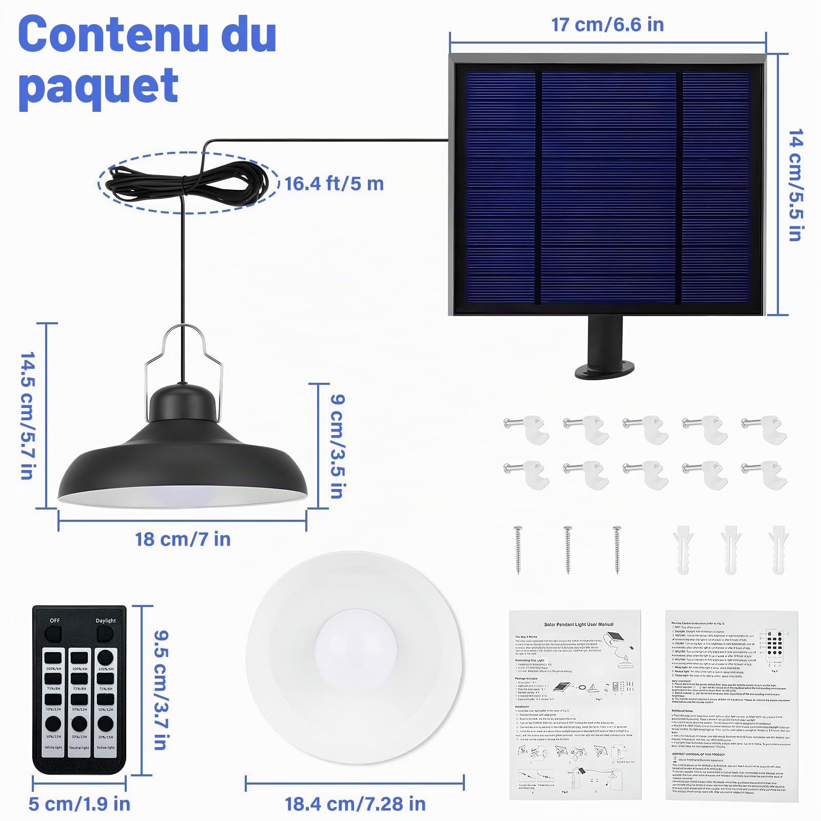 Luminaire Solaire Suspendue pour Intérieur et Extérieur, Réglable, avec Télécommande, 2800K, 4500K, 6500K, Étanche, pour Grange, Remise, Pavillon, Terrasse, Jardin, Maison