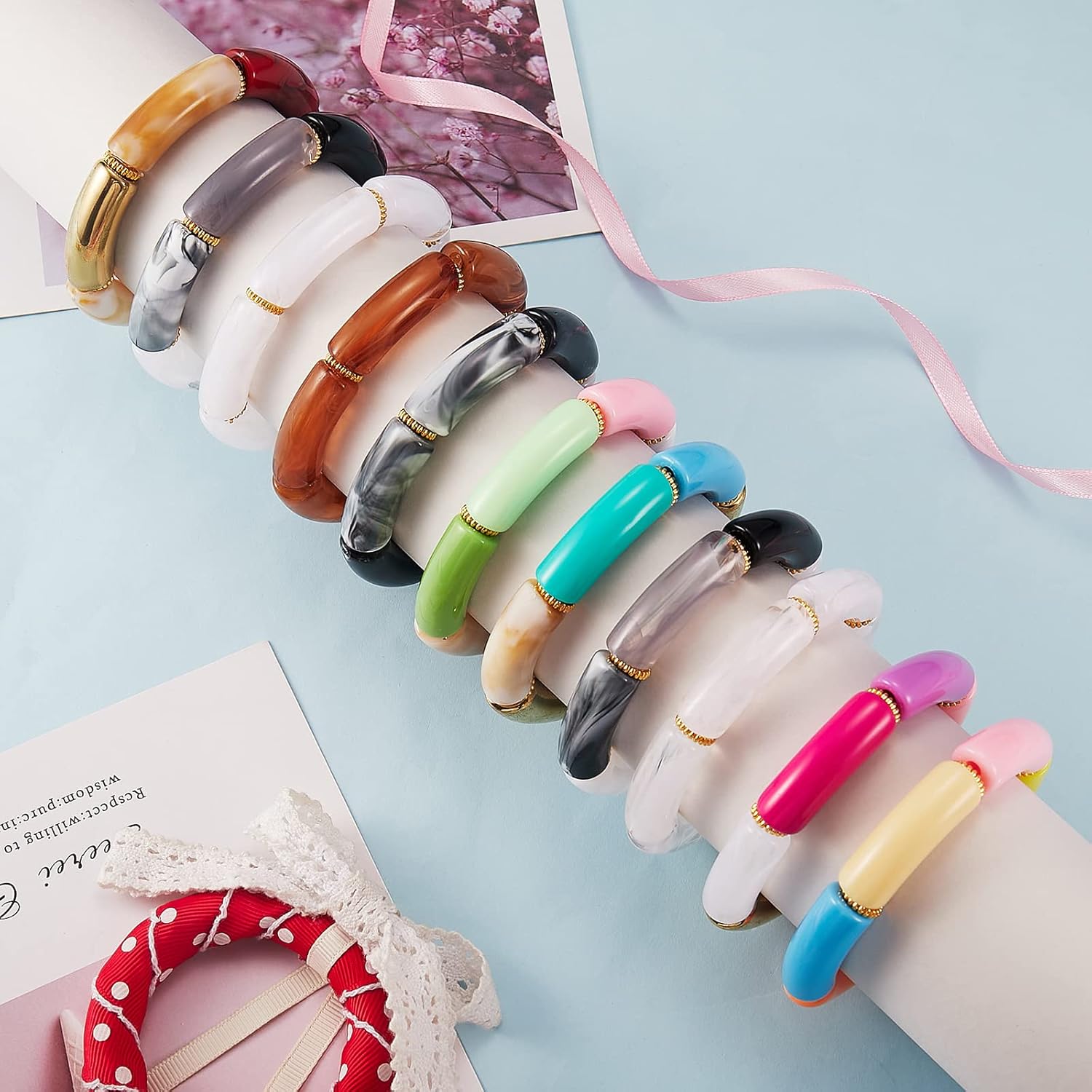 Ornaland 5 Pcs Bamboo Tube Bangles Bracelets Chunky Curved Stacking Acrylic CCB Plastic Beads Stretch Bracelets Set Color Friendship Couple Bracelets Gift for Women Men,2 inch(5.2cm) - Image 4