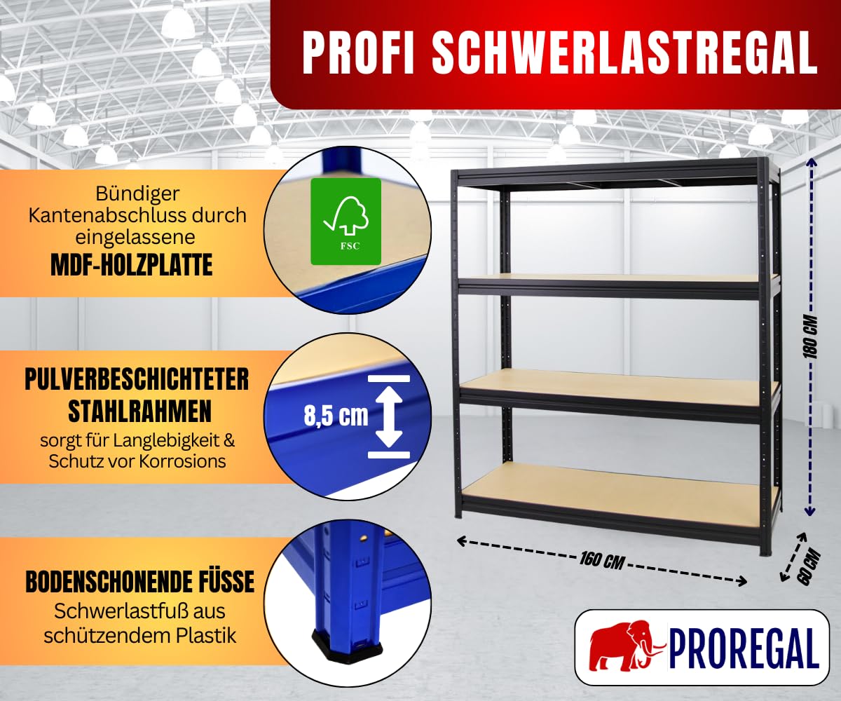 PROREGAL Scaffale per carichi pesanti DINO | AxLxP 180x160x60cm | Portata per ripiano 600kg | Nero