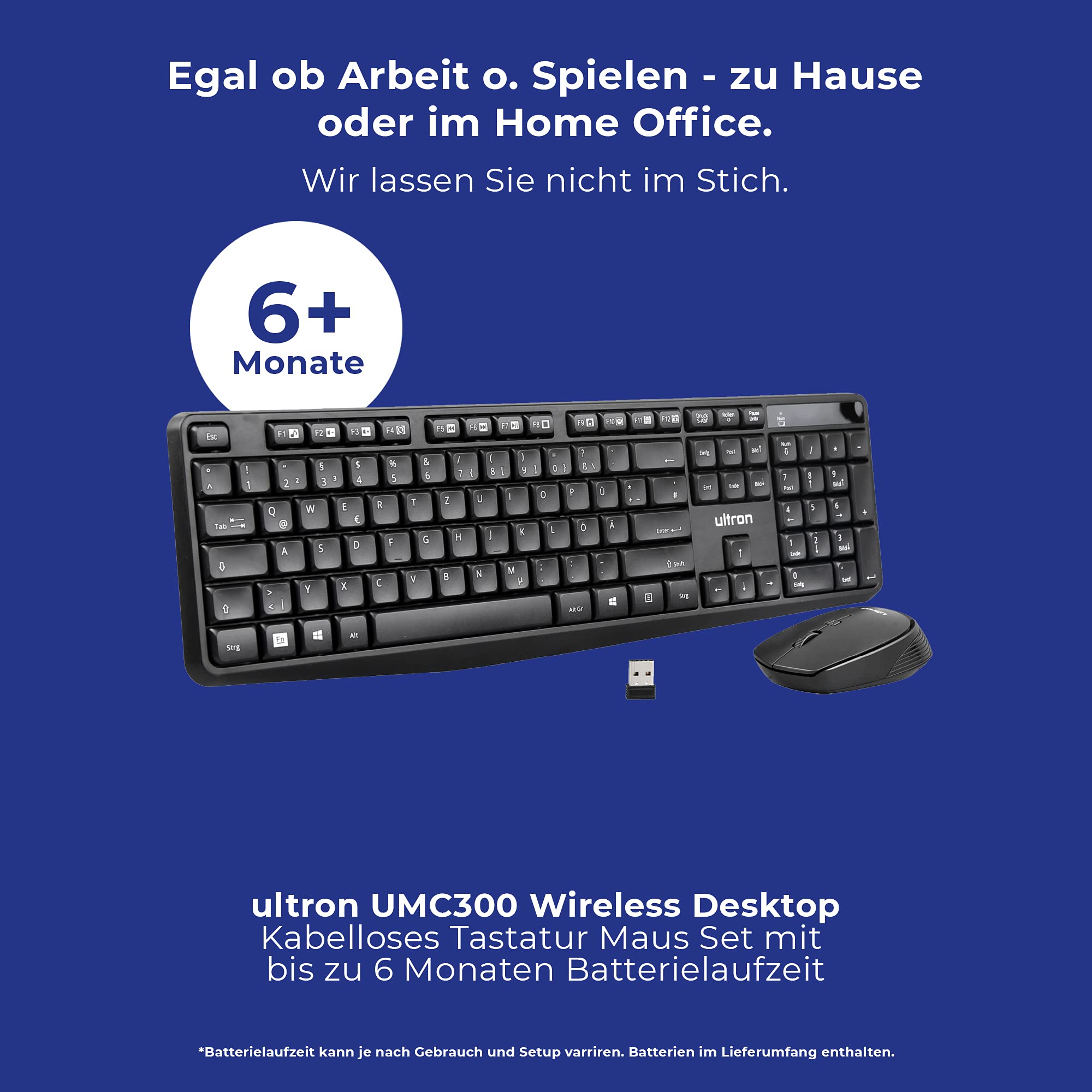 ultron UMC300 bezprzewodowa mysz komputerowa, 2,4 GHz połączenie za pomocą odbiornika USB Easylink nano o zasięgu 10 m, przyciski 15 FN, w zestawie baterie, PC/laptop, niemiecki układ QWERTZ - kolor czarny