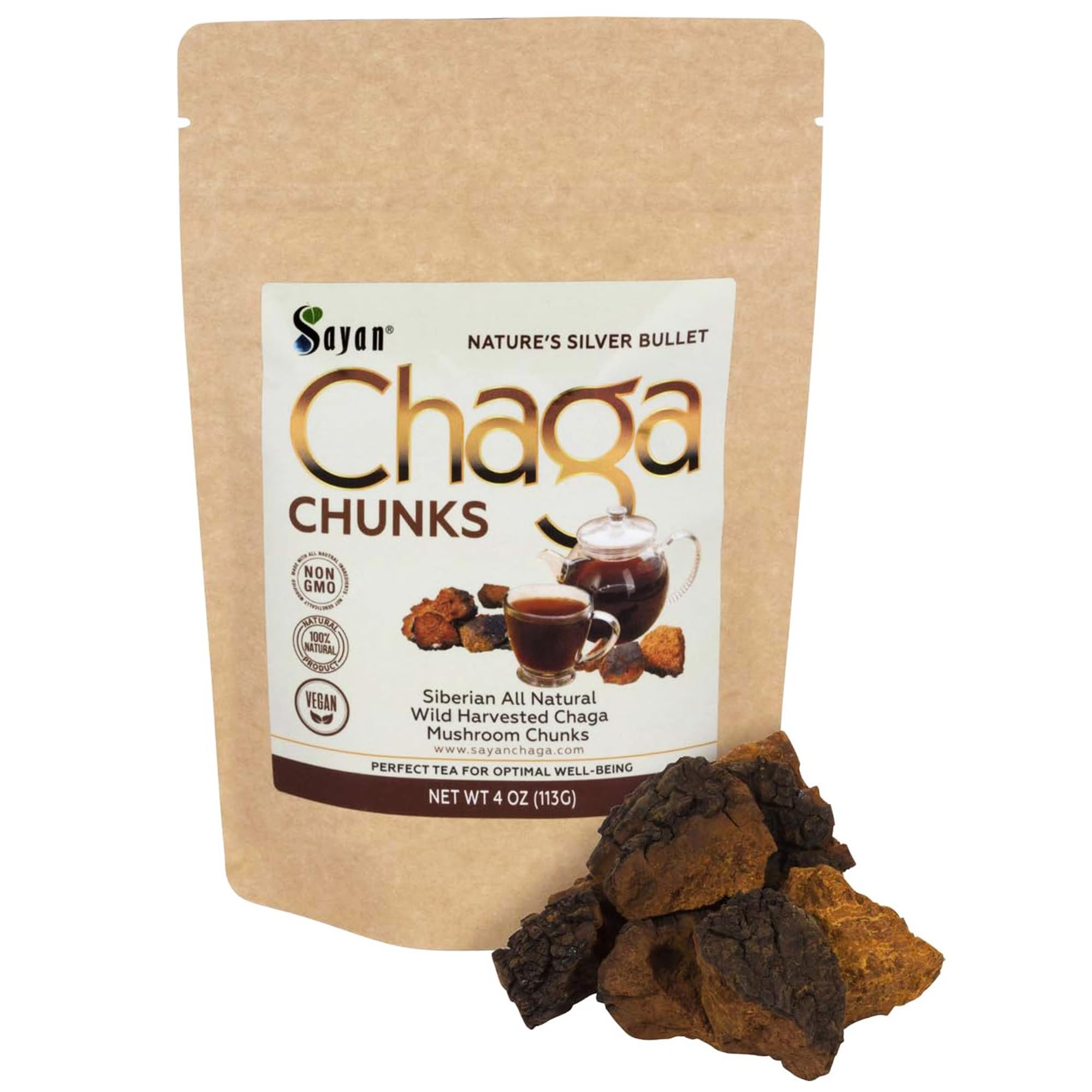 Sayan Siberian Pure Raw Chaga Mushroom Chunks with Black Top Crust 4 Oz / 113 g – Premium Wild-Harvested Antioxidant Tea for Immune Support, Focus and Digestive Health - Non-GMO