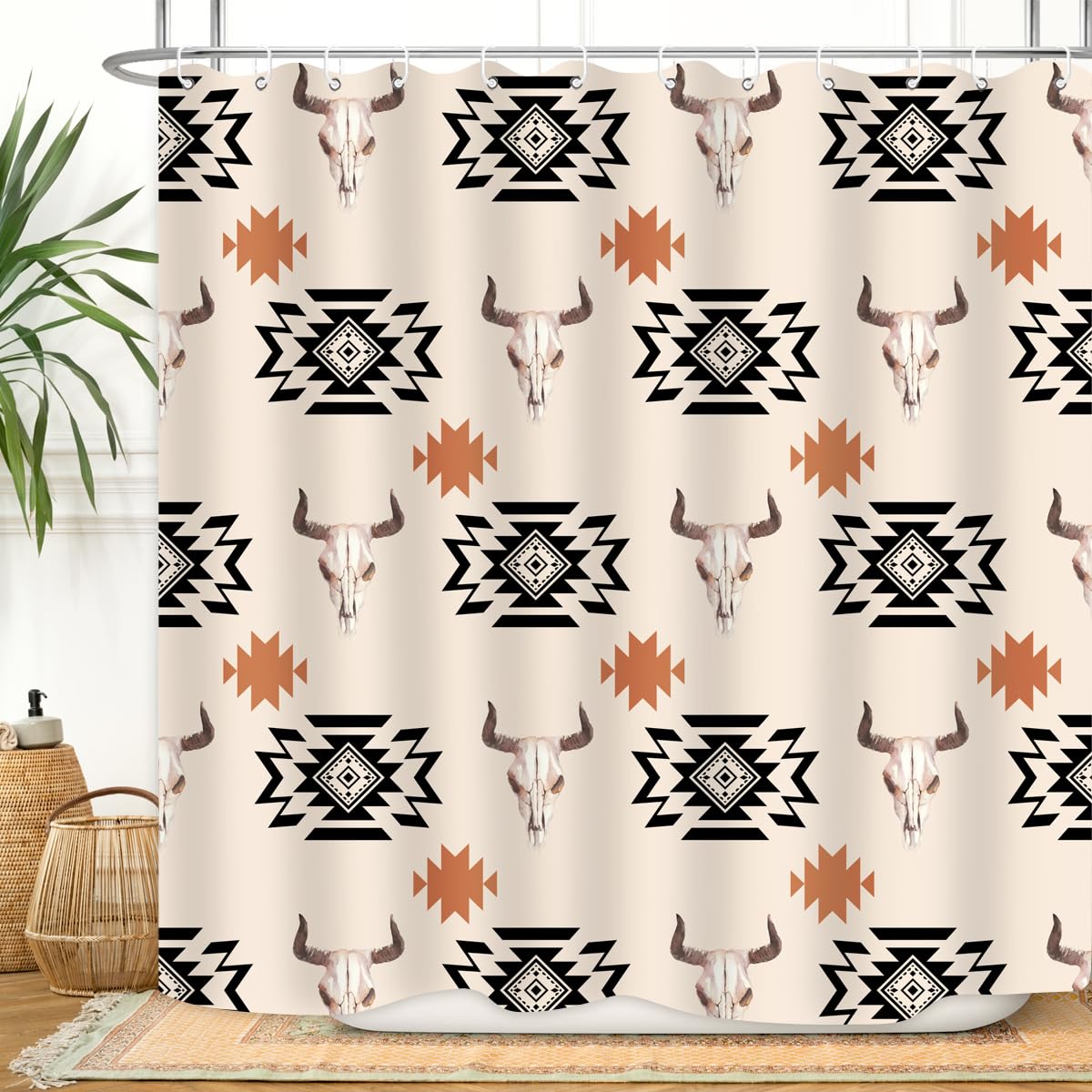 ZXMBF Western Aztec Shower Curtain Vintage Boho Cow Head Geometric 72x72 Inch Rustic Native American Tribal Abstract Beige Bathroom Decor Polyester