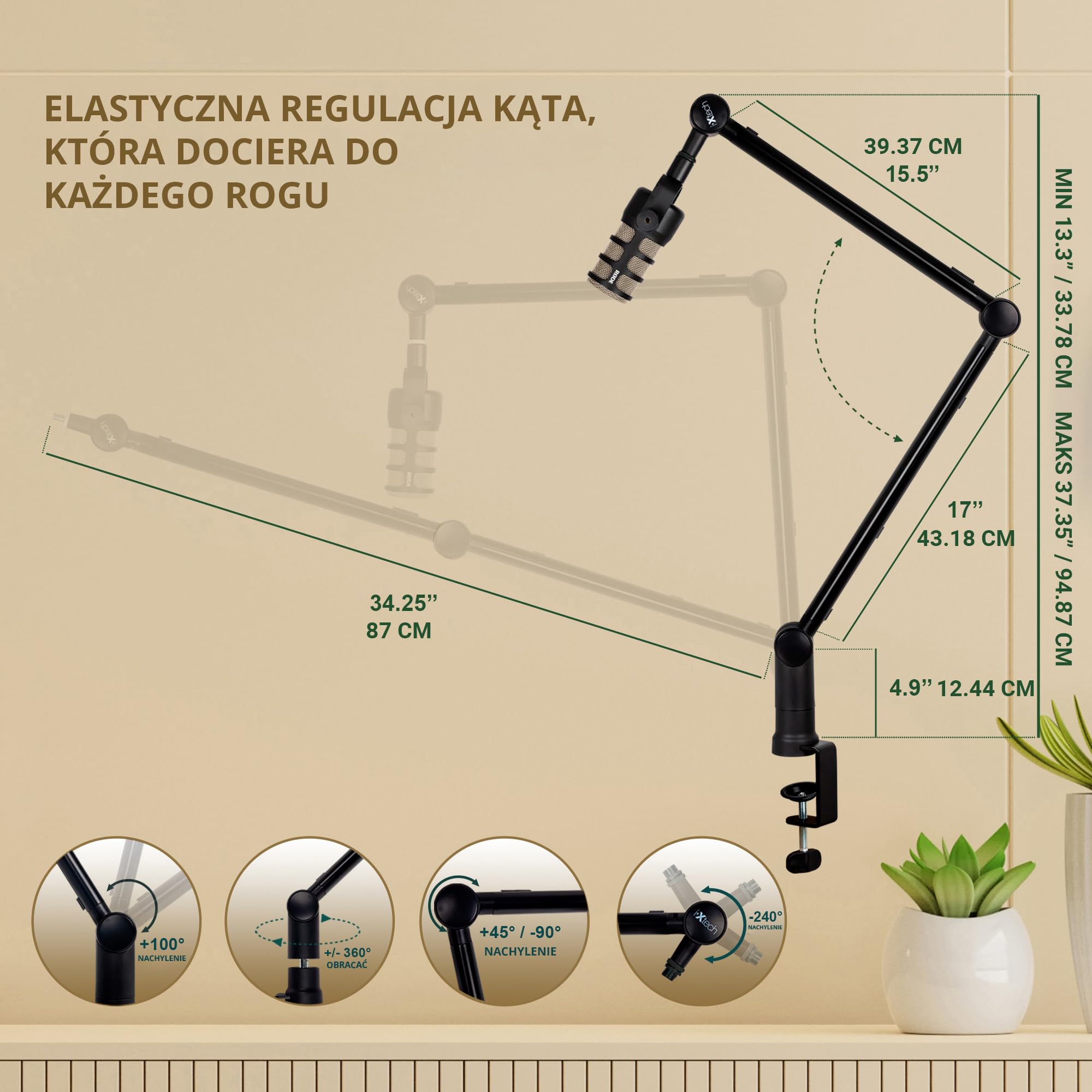 IXTECH Ramię wysięgnika mikrofonowego z uchwytem na biurko, obracane o 360°, regulowane i składane mocowanie nożycowe do podcastów, gier wideo, radia i studia audio, solidne i uniwersalne, elegancki