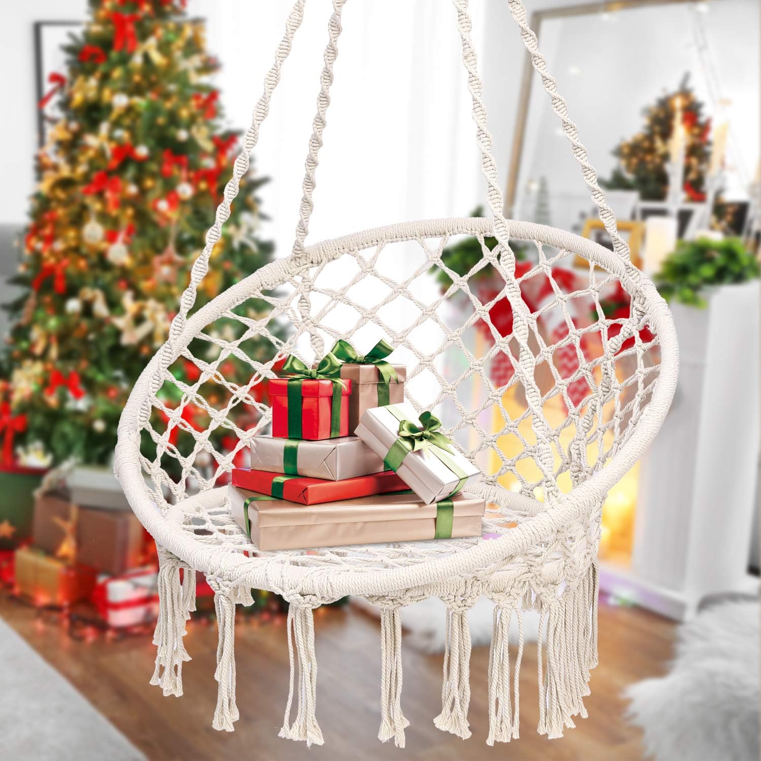 Ohuhu Hammock Chair Macrame Swing with Hanging Hardware Kit, Hanging Cotton Rope Macrame Hammock Swing Chairs, Girl Birthday Day Gift Idea (Circle, 31.5)