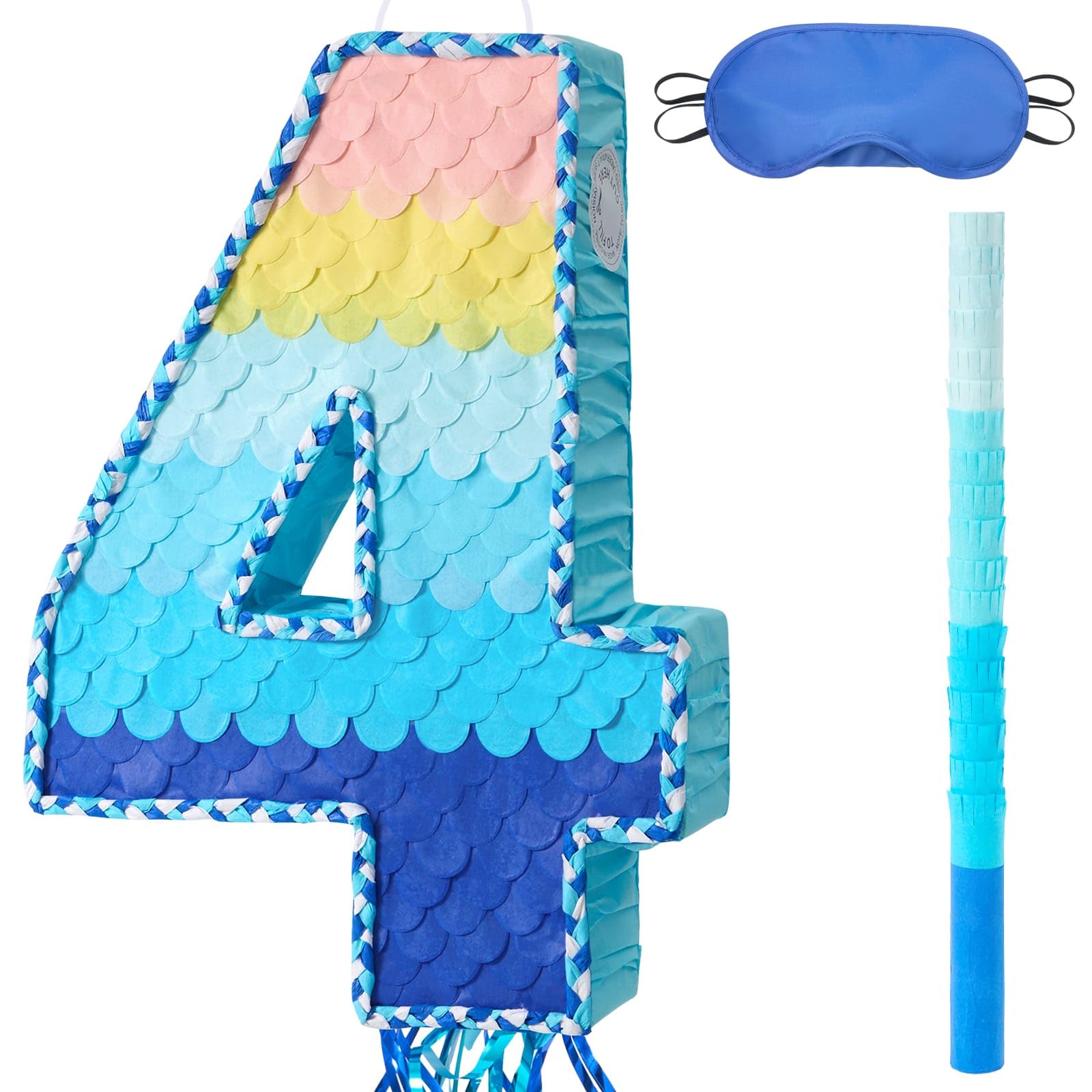 WERNNSAI Blue Number 4 Piñata - 4th Birthday Party Decorations Rainbow Ombre Four Piñata for Kids Blue Pull String Hanging Decoration with Blindfold and Stick Anniversary Celebration Supplies