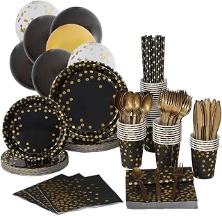 Black and Gold Party Supplies Disposable Set 226 Pieces Serves 25 Guests Golden Dots Party Dinnerware, Paper Plates Napkins Cups, Gold Plastic Forks Knives Spoons Balloons for Wedding Birthday Party