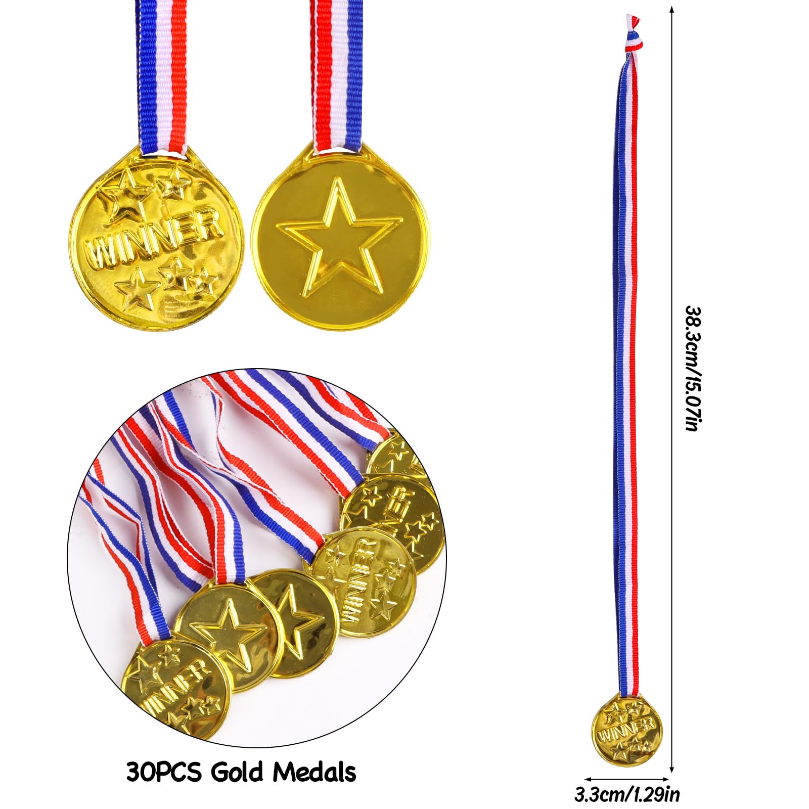 LOKIPA 30PCS Gold Medals, Plastic Medals Winner Award Medals for Sports, Games Competitions, Olympic Style, Party Favors and Decorations