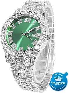 HALUKAKAH Diamonds Gold Watch Iced Out, Men\'s 18K Real Gold/Platinum White Gold Plated 42MM Width Green/Blue/Red Dial Quartz Wristband 24cm with Cuban Link Chain 20+45cm Necklace Bracelet,Free Giftbox