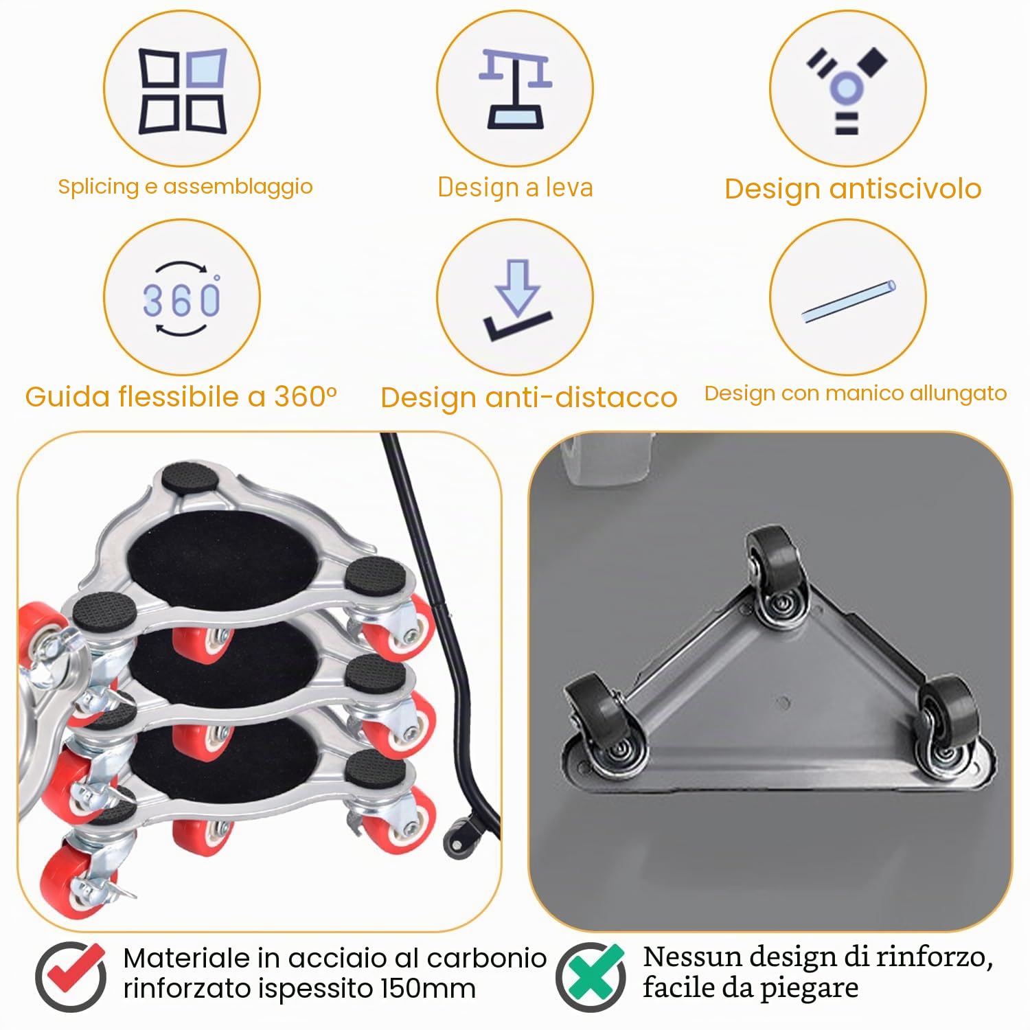 Kit Sposta Mobili con Ruote, 5 Pezzi Ruote Girevoli per Spostare Mobili, Carico Fino a 400kg, Rotelle per Mobili Pesanti, Sollevatore Mobili, Ruote per Carrello con Freno, Rotelle per Lavatrice