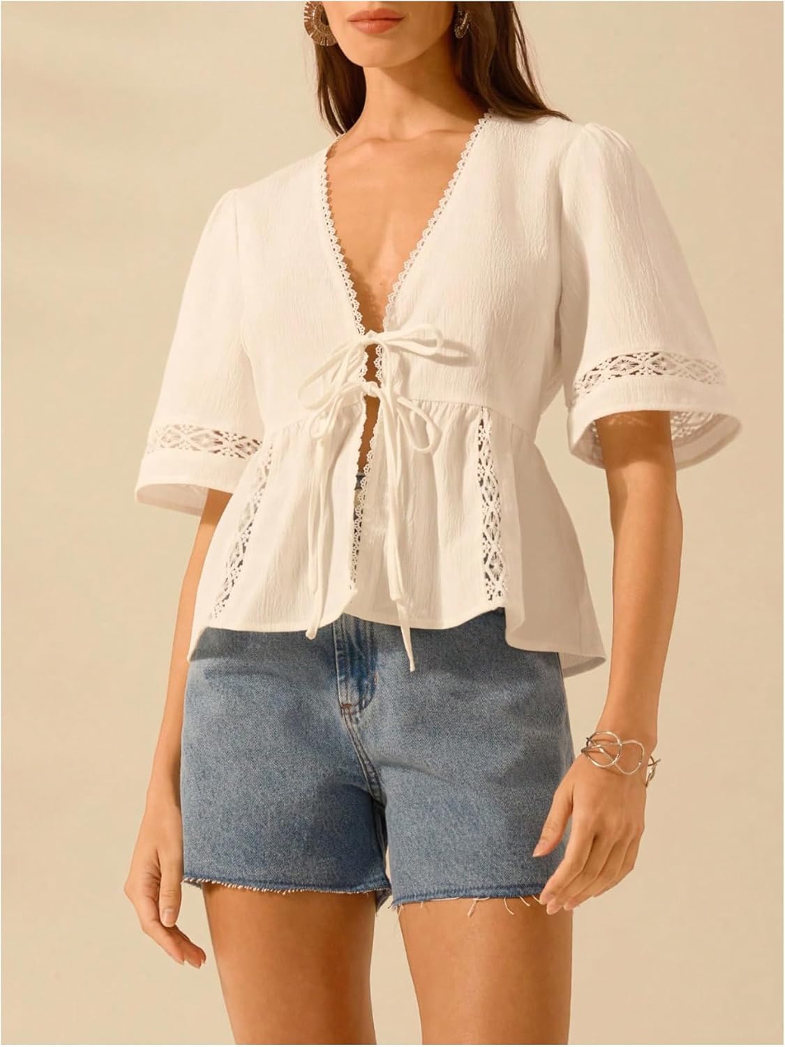 SweatyRocks Women's Half Sleeve Peplum Blouses Boho Summer Deep V Neck Ruffle Tops - Image 5