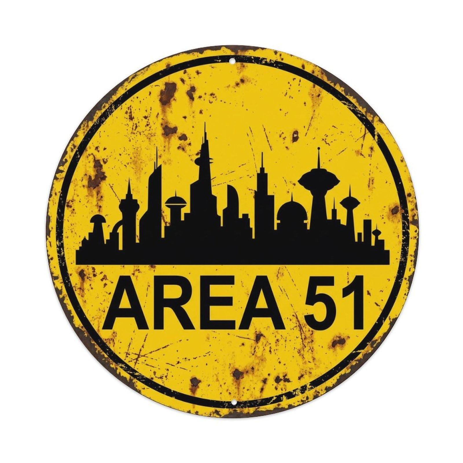 UFO Area 51 City Skyline Saucer Arrival Scene Metal Tin Sign