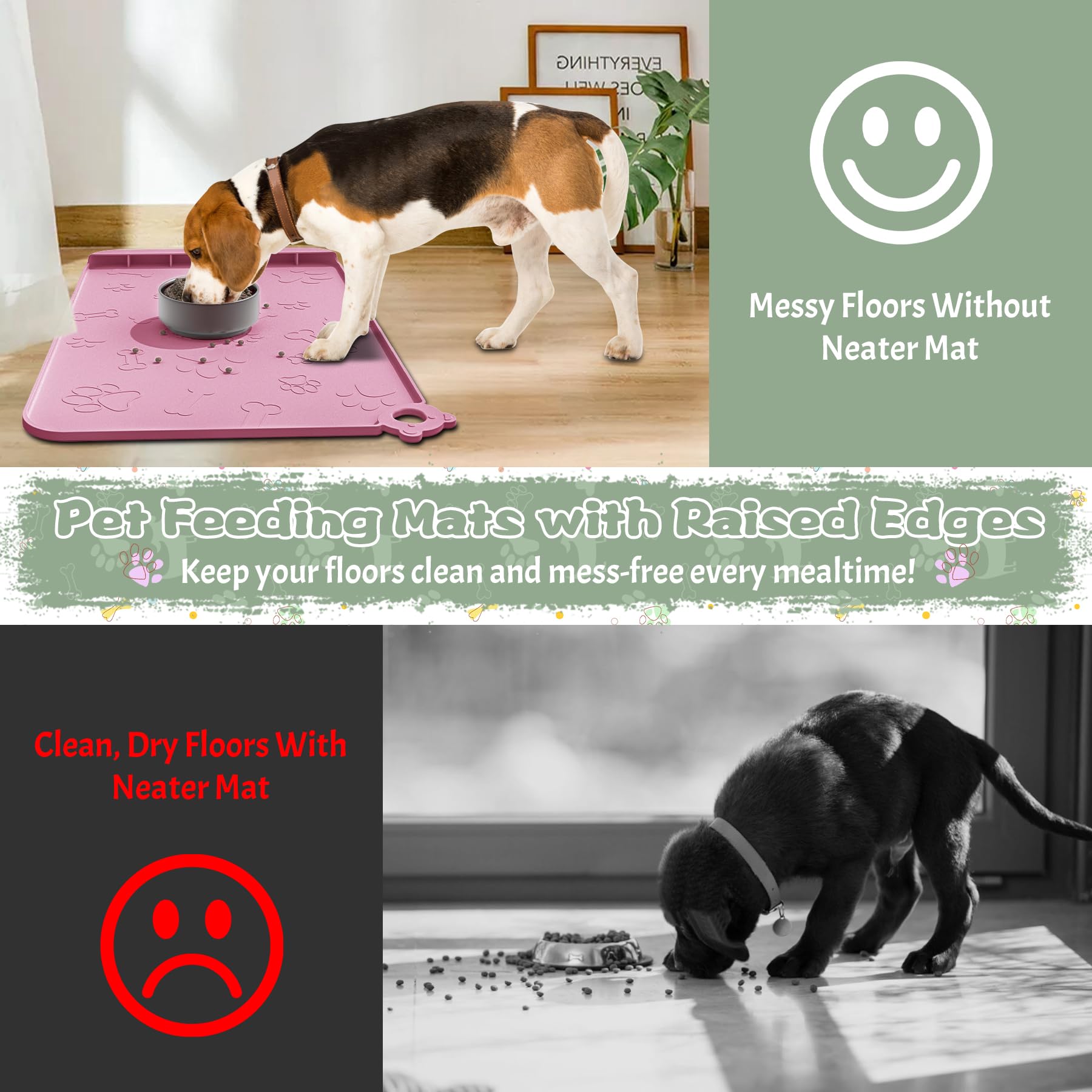 Tappetino per cibo per cani, tappetino in silicone per cibo e acqua, tappetini per l'alimentazione degli animali domestici con tasca per la raccolta dei residui, tappetino impermeabile per ciotole per