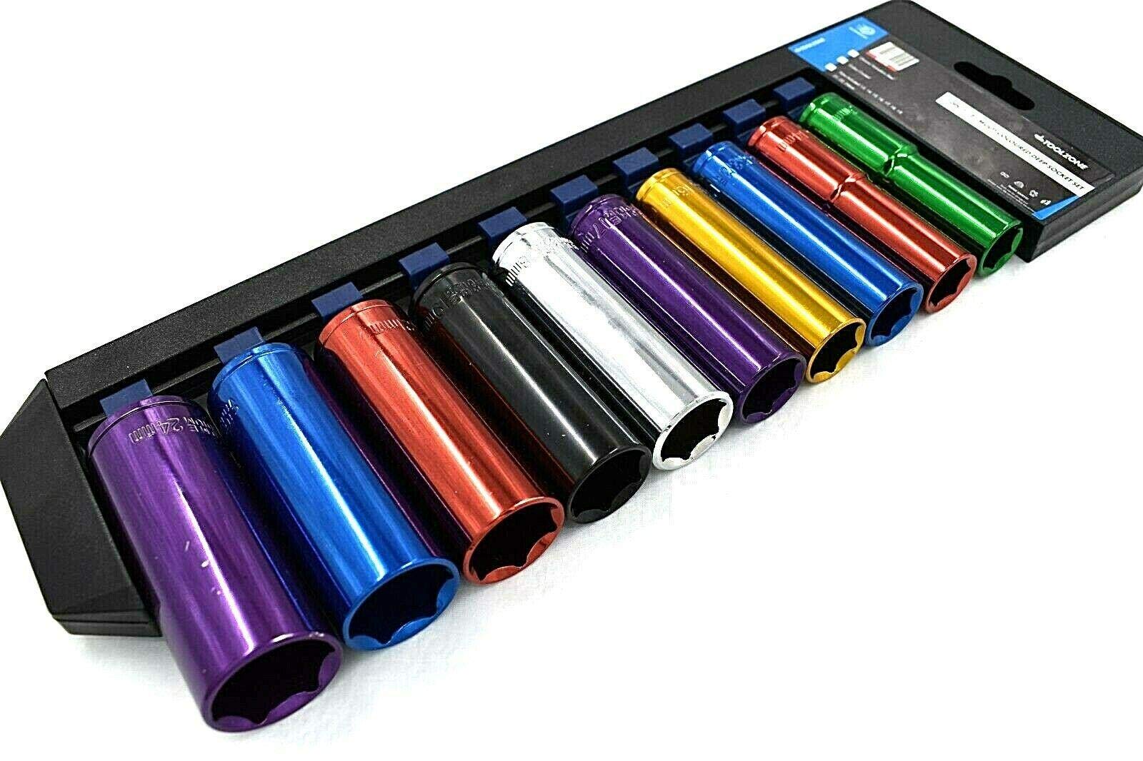  - 10Pc 1/2" Drive Deep Socket Set Multi Colour Metric Long Reach 13-24mm On Rail